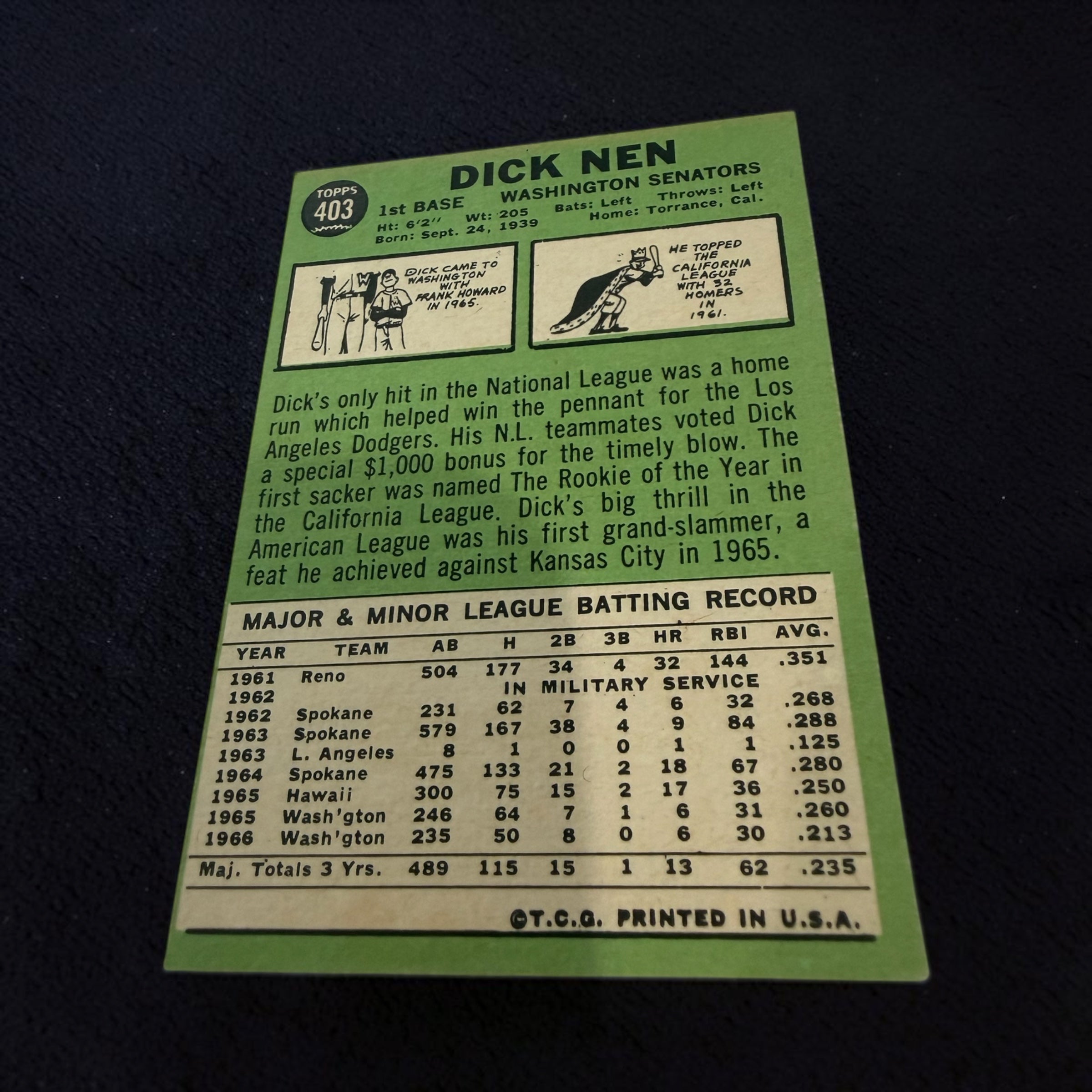 1967 Topps #403 Dick Nen Washington Senators Vintage Baseball Card MLB Original