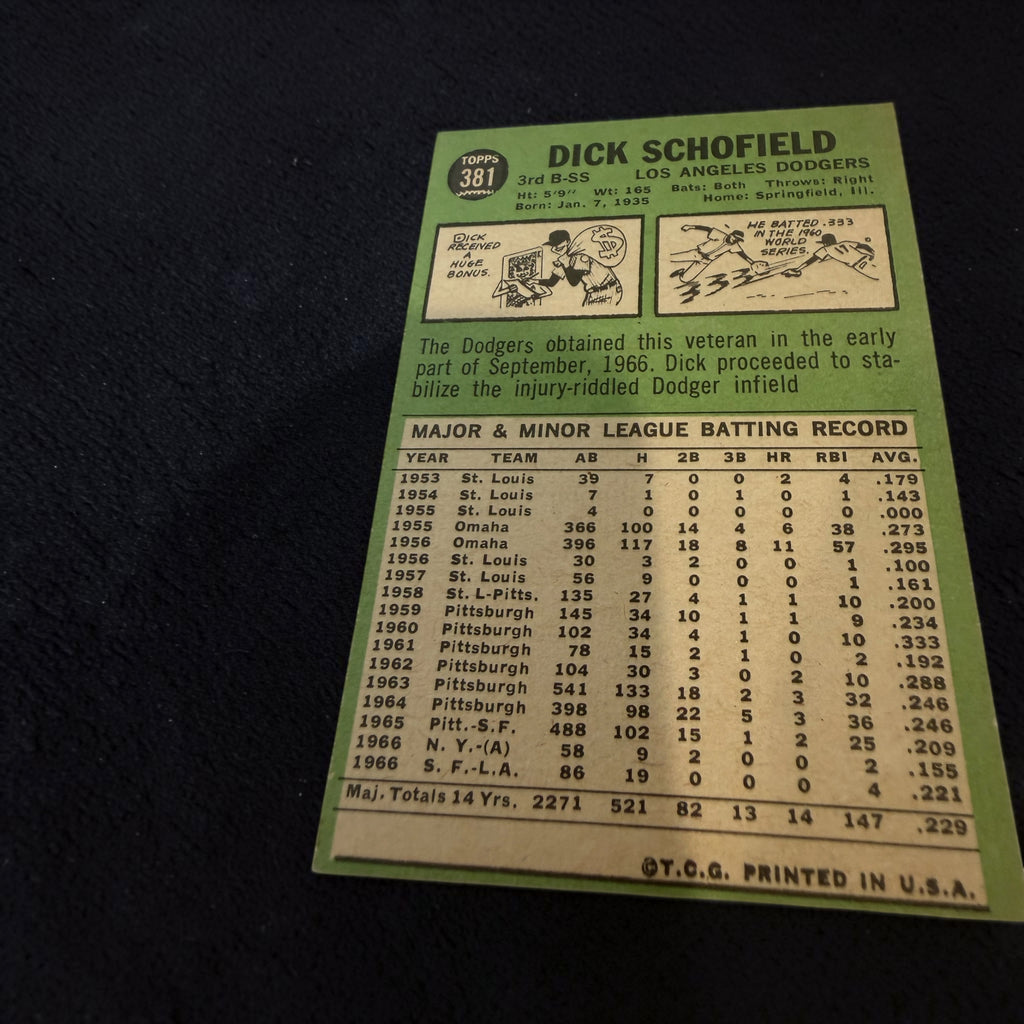 1967 Topps #381 Dick Schofield Los Angeles Dodgers Vintage Baseball Card MLB
