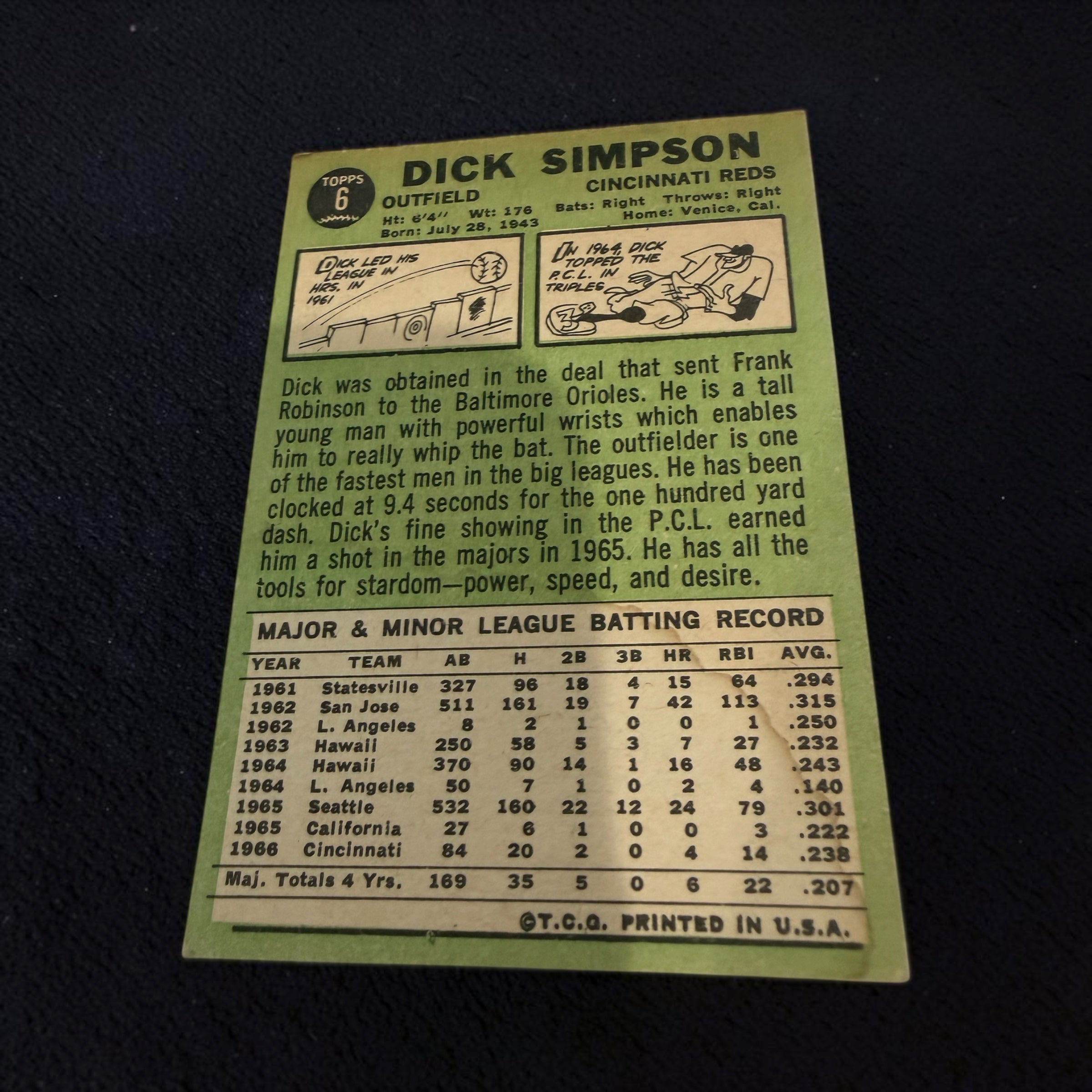 1967 Topps #6 Dick Simpson Cincinnati Reds Vintage Baseball Card