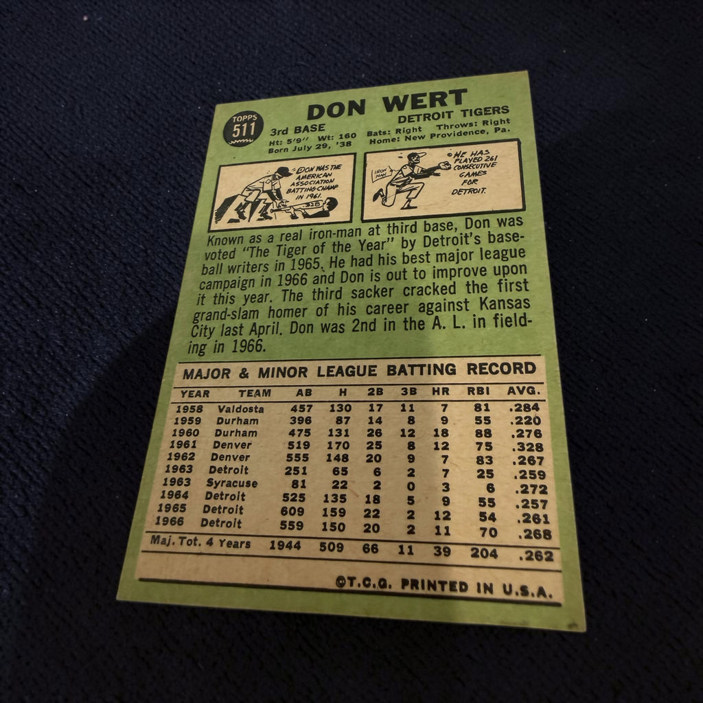 1967 Topps #511 Don Wert Detroit Tigers Vintage Baseball Card MLB Original