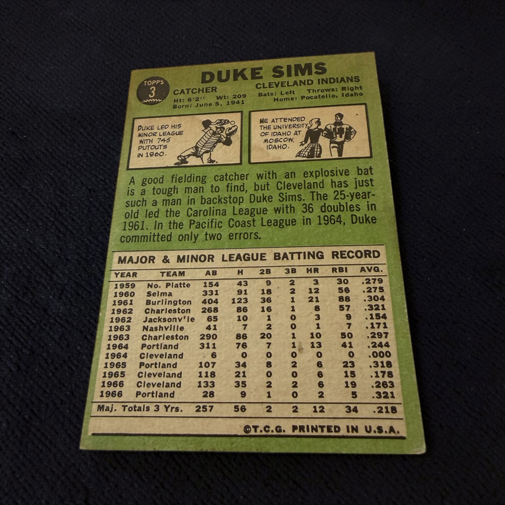 1967 Topps #3 Duke Sims Cleveland Indians Vintage Baseball Card MLB Catcher