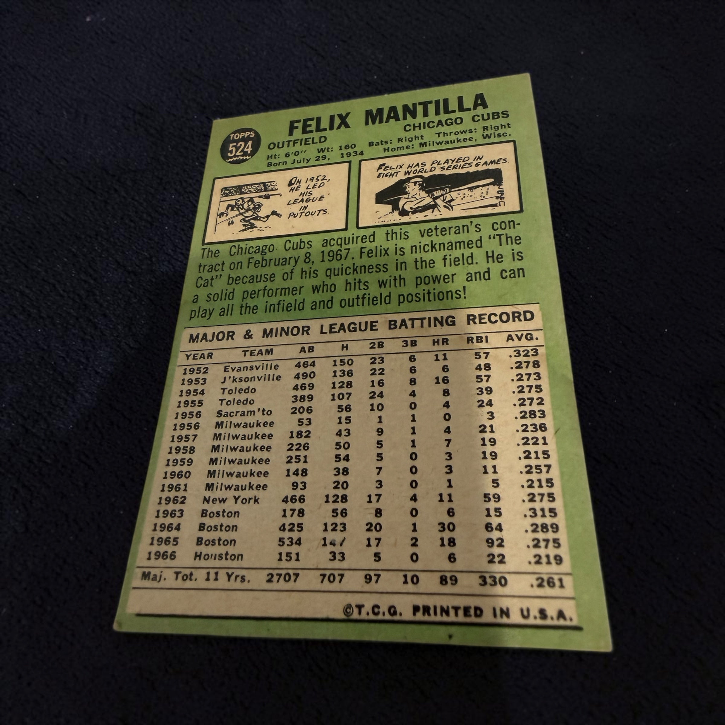 1967 Topps #524 Felix Mantilla Chicago Cubs Vintage Baseball Card Outfielder