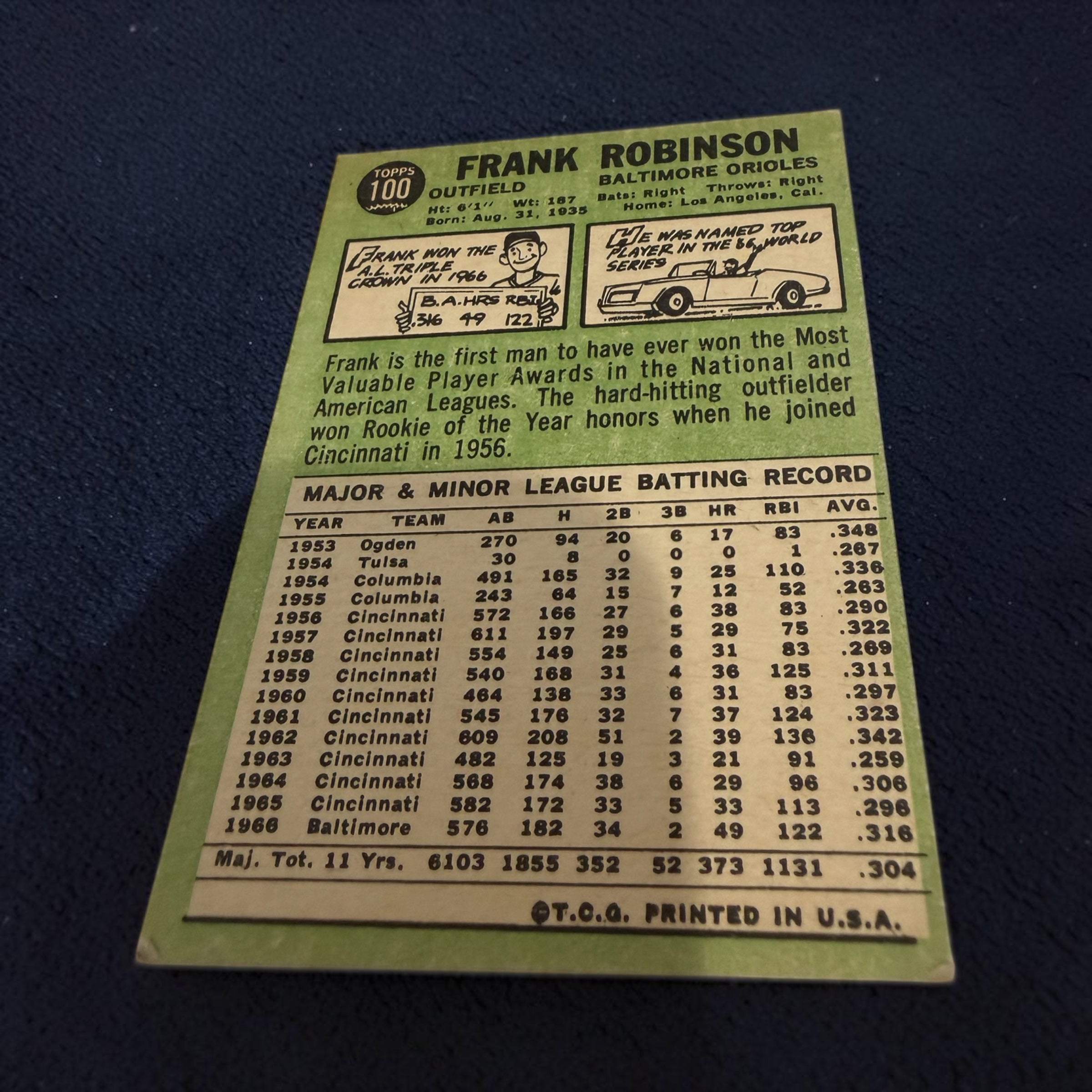 1967 Topps #100 Frank Robinson Baltimore Orioles Hall of Fame Vintage Baseball Card MVP