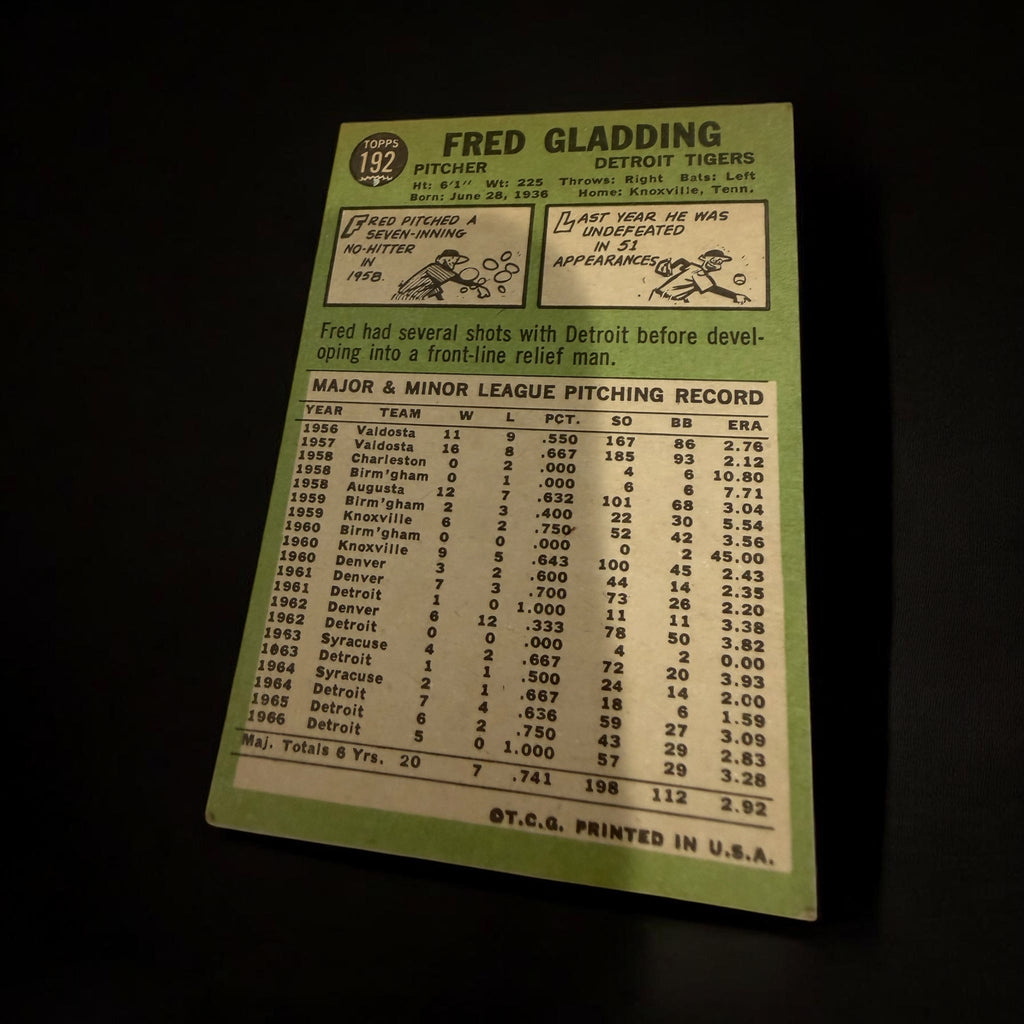 1967 Topps #192 Fred Gladding Detroit Tigers Vintage Baseball Card