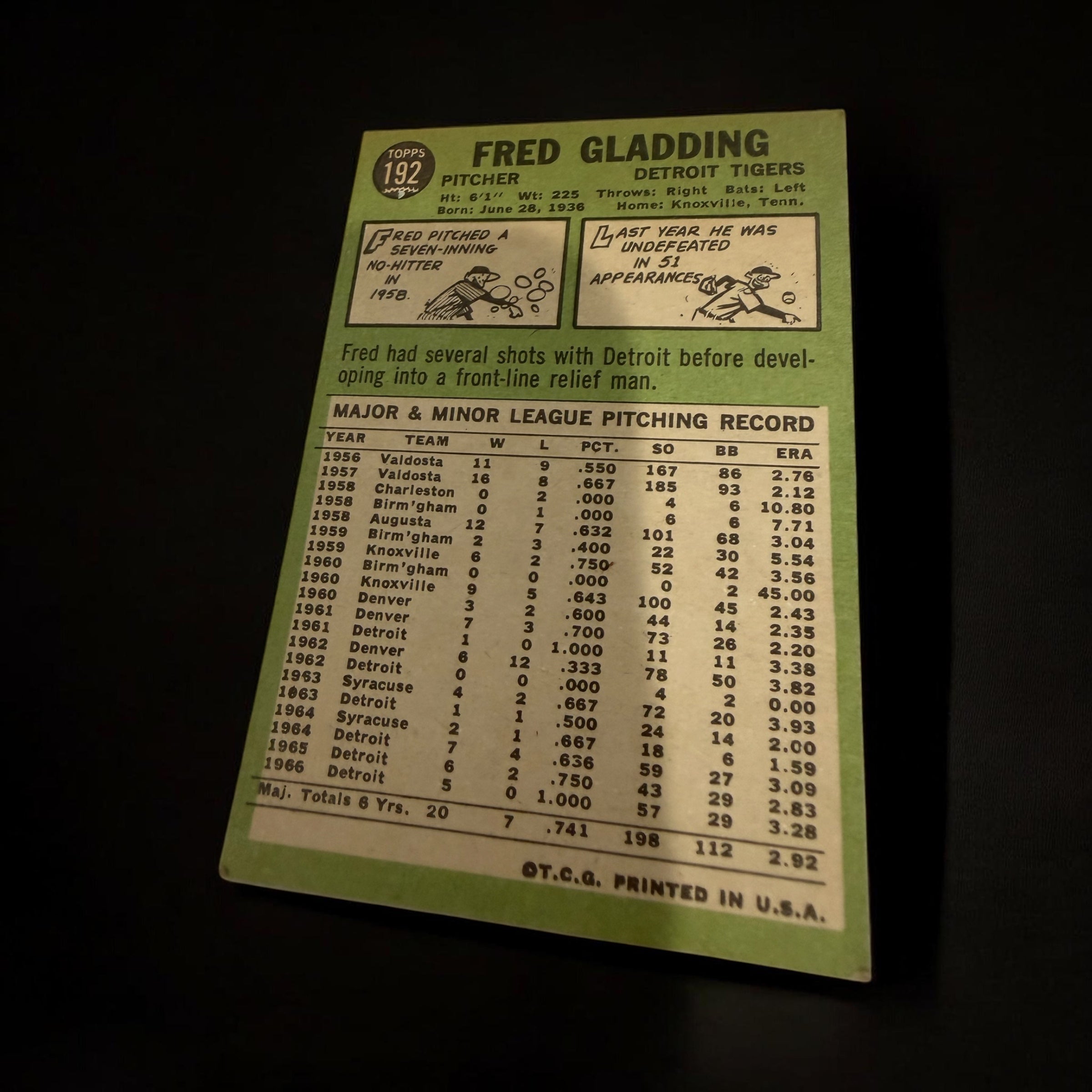 1967 Topps #192 Fred Gladding Detroit Tigers Vintage Baseball Card