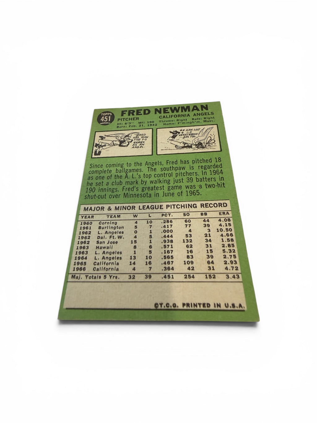 1967 Topps #451 Fred Newman California Angels Vintage Baseball Card Pitcher