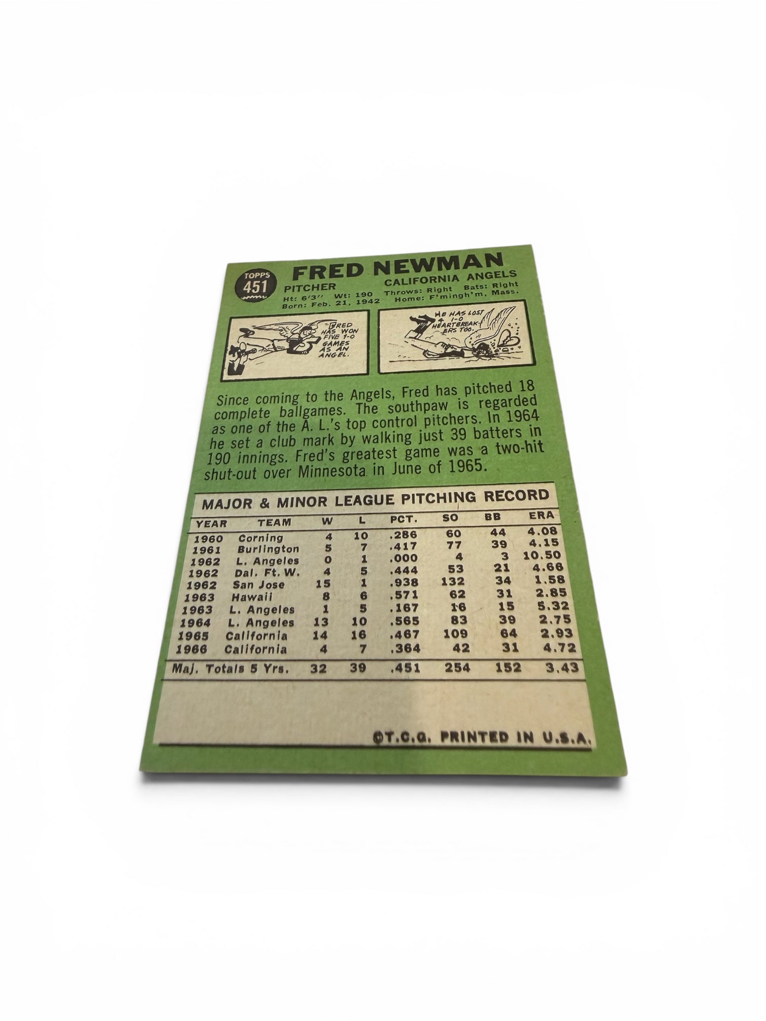 1967 Topps #451 Fred Newman California Angels Vintage Baseball Card Pitcher