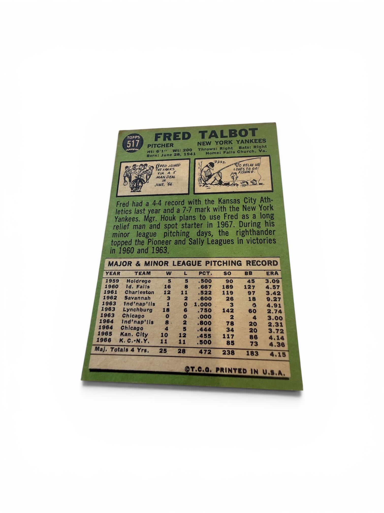 1967 Topps #517 Fred Talbot New York Yankees Vintage Baseball Card