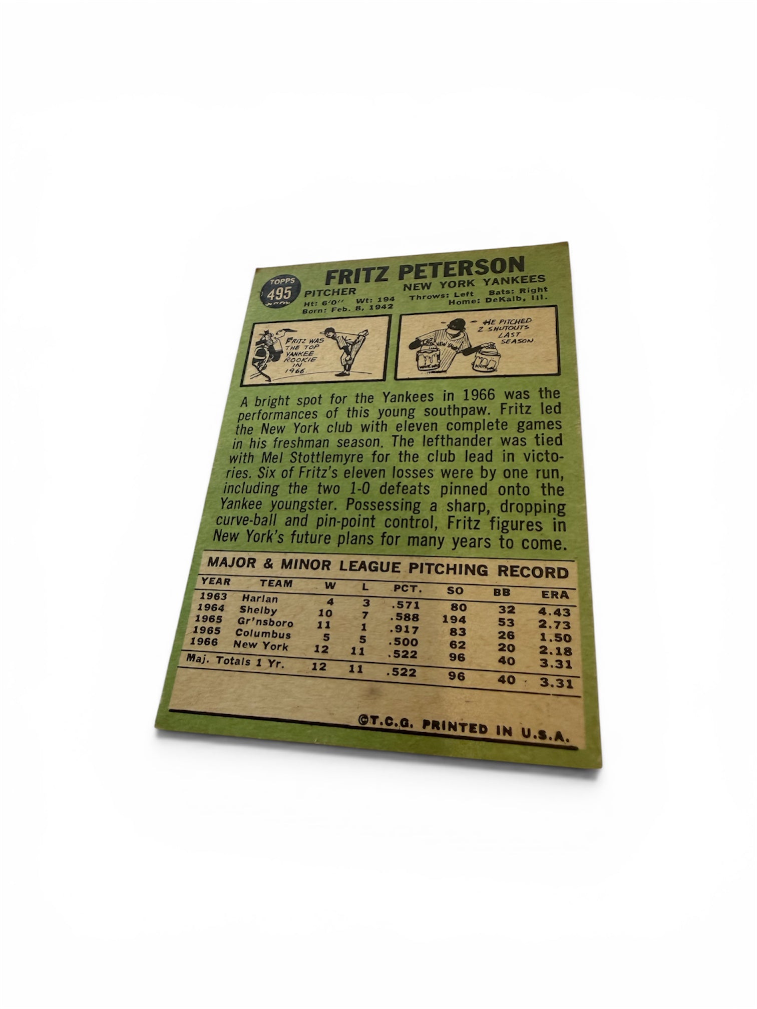 1967 Topps #495 Fritz Peterson New York Yankees Vintage Baseball Card