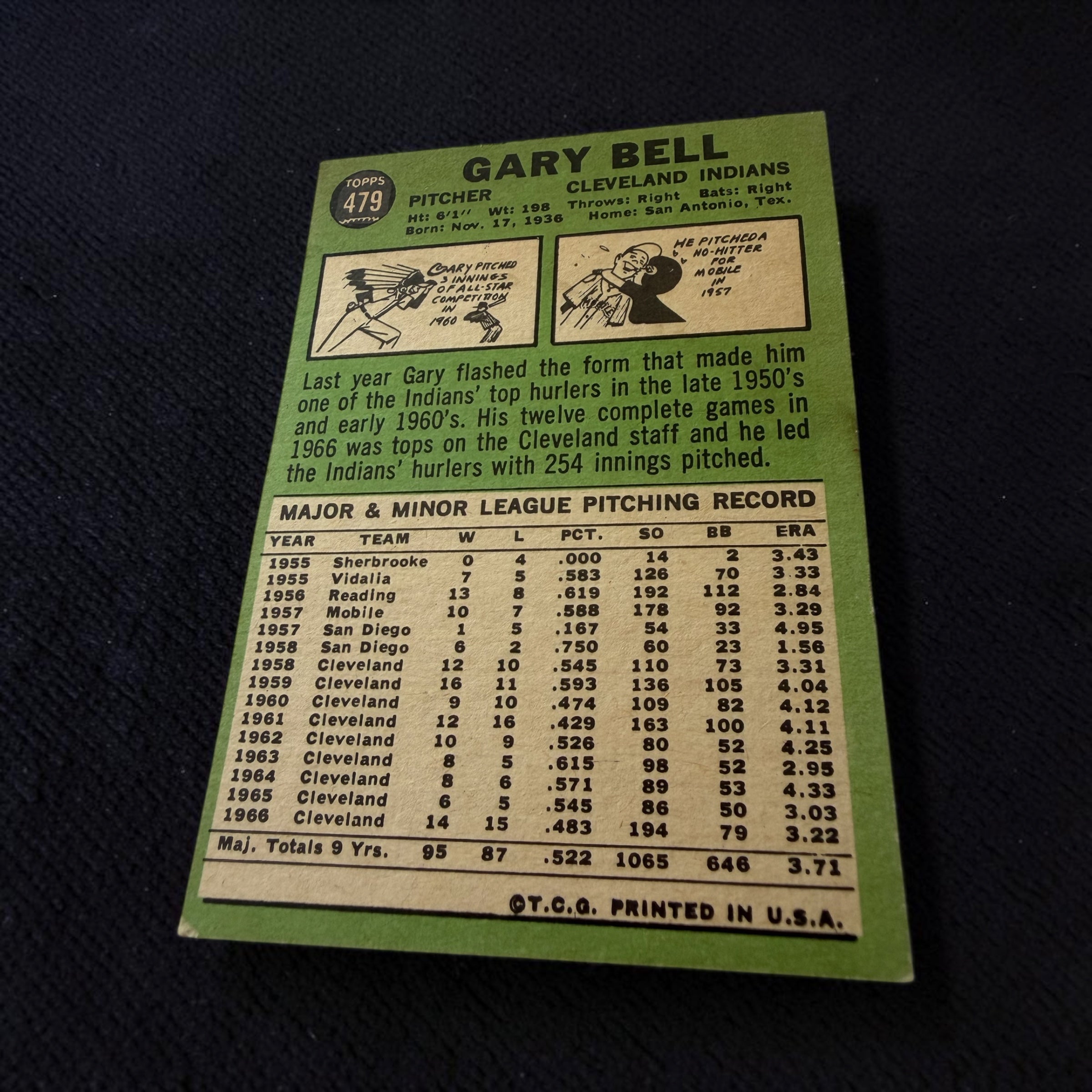 1967 Topps #479 Gary Bell Cleveland Indians Vintage Baseball Card MLB Pitcher