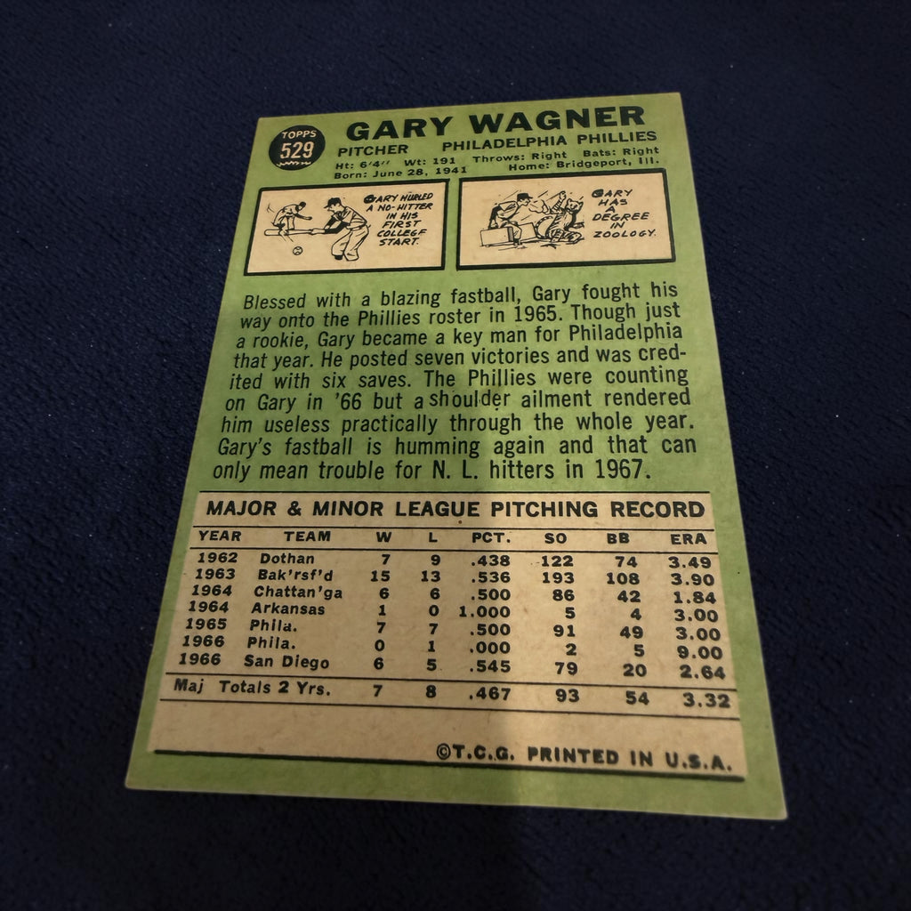 1967 Topps #529 Gary Wagner Philadelphia Phillies Vintage Baseball Card Pitcher MLB