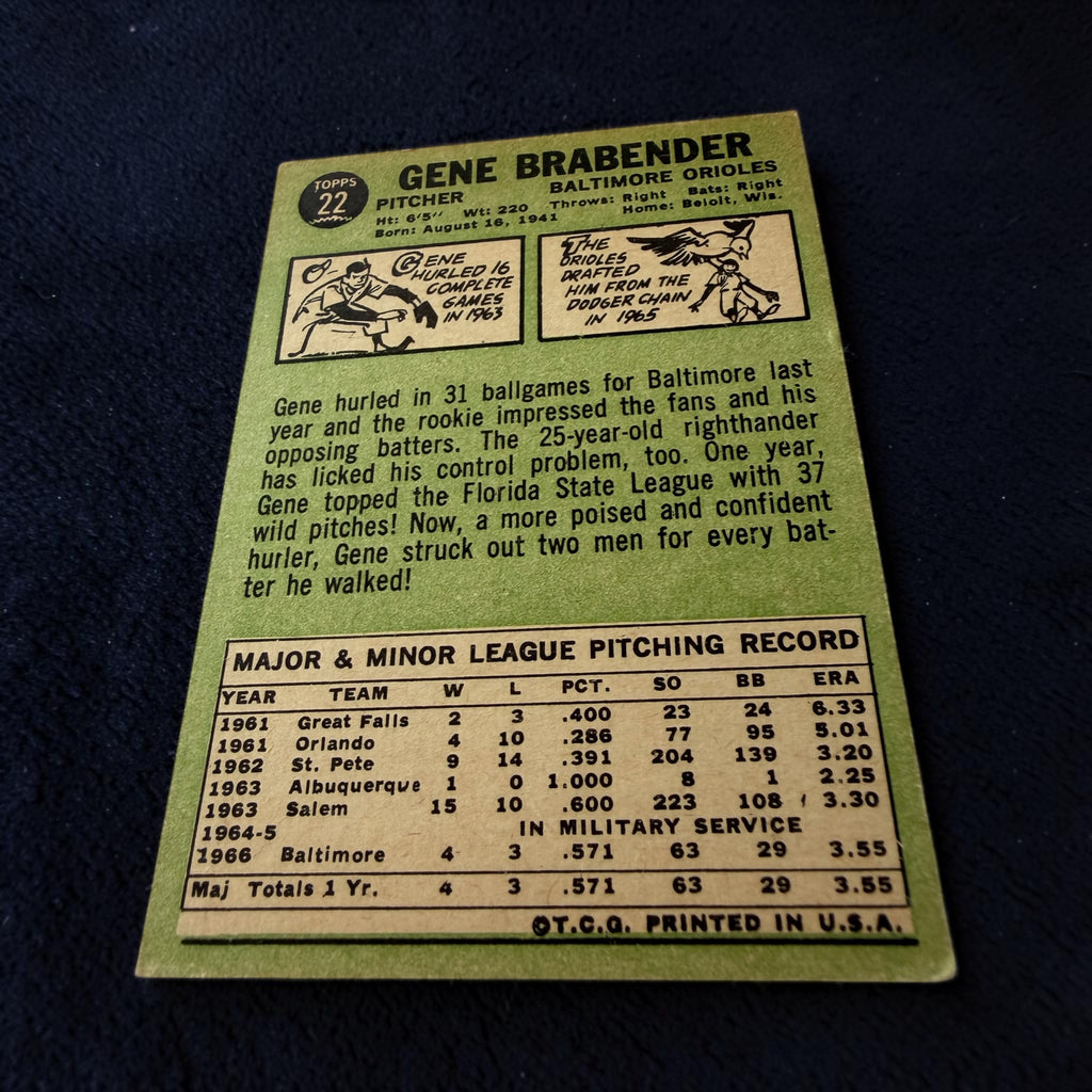 1967 Topps #22 Gene Brabender Baltimore Orioles Vintage Baseball Card MLB Pitcher