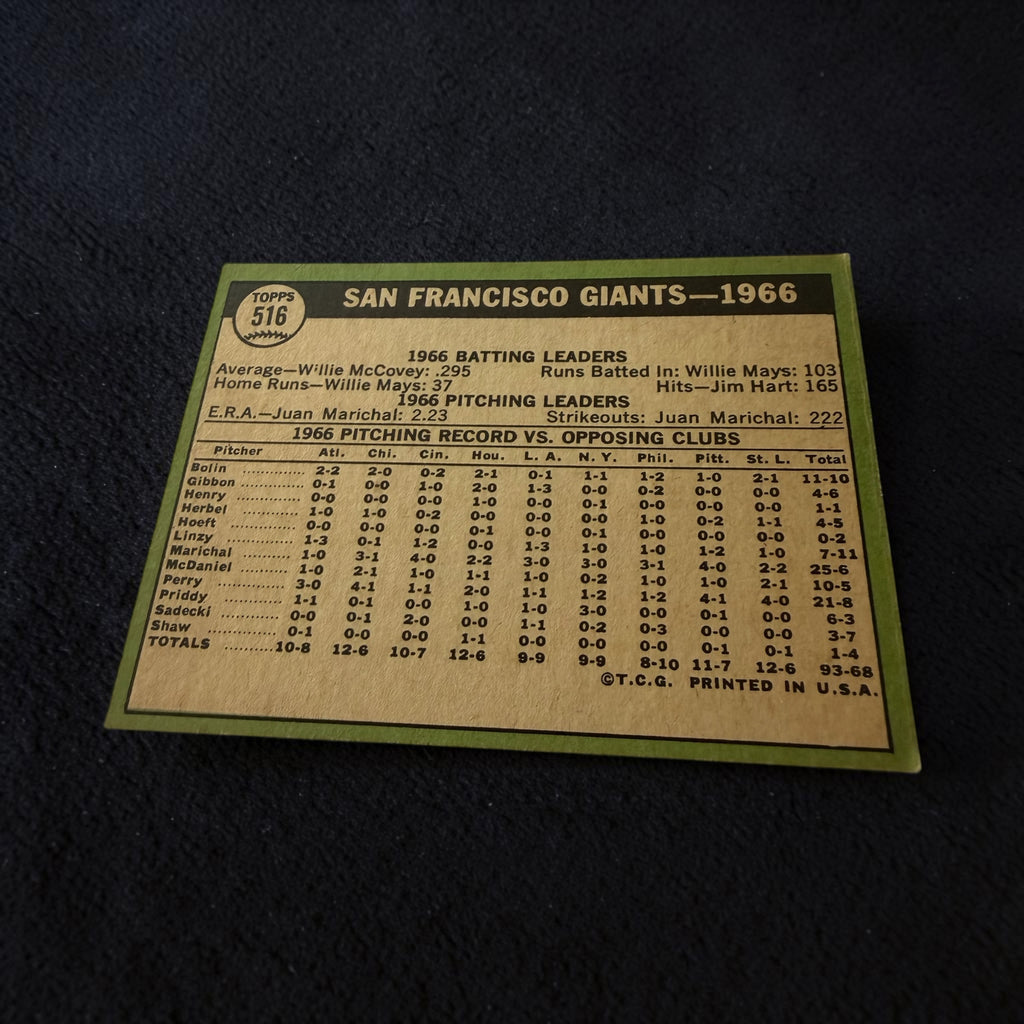1967 Topps #516 San Francisco Giants Team Card Vintage Baseball Card Willie Mays Marichal