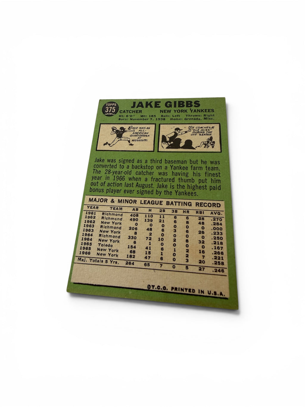 1967 Topps #375 Jake Gibbs New York Yankees Vintage Baseball Card