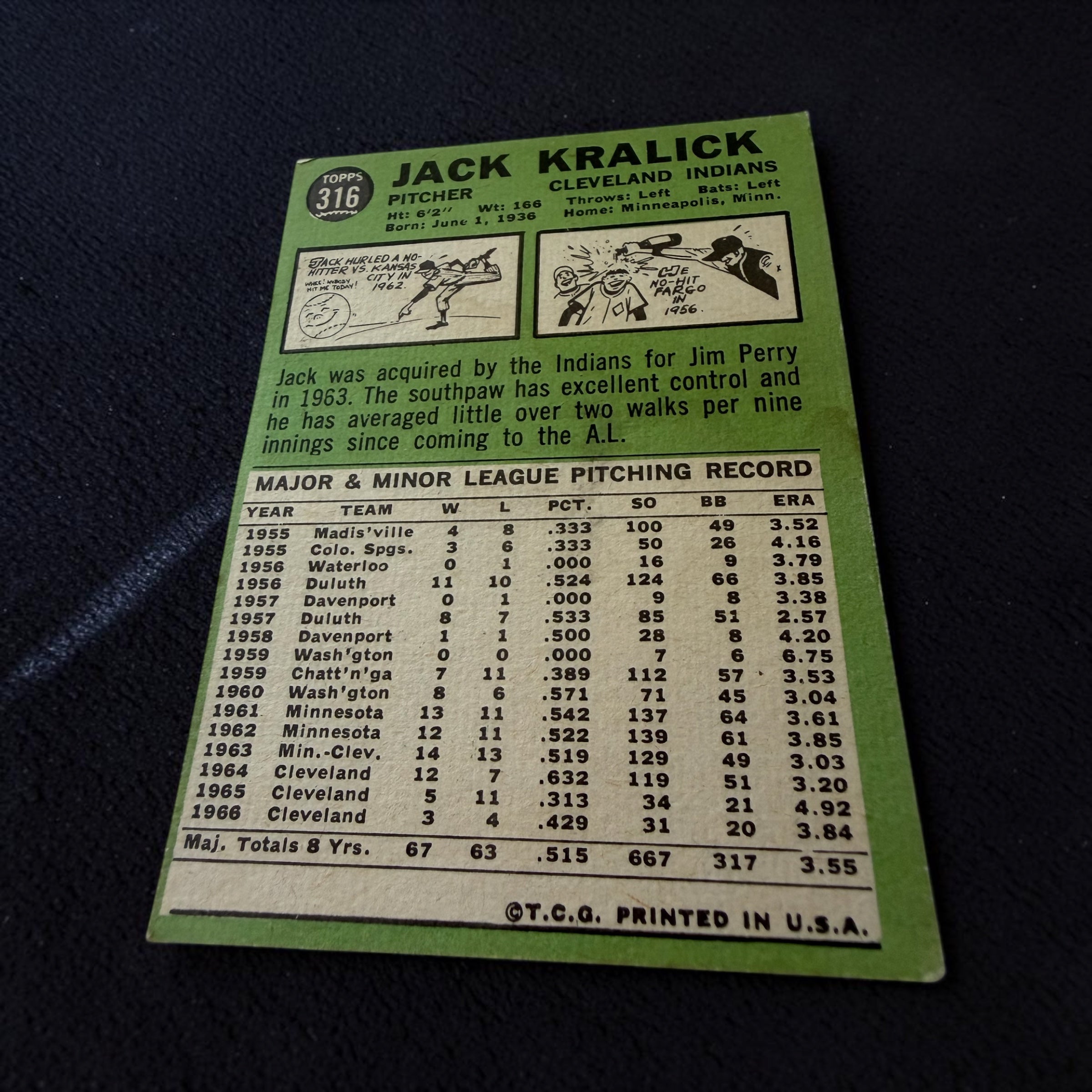 1967 Topps #316 Jack Kralick Cleveland Indians Vintage Baseball Card Left-Handed Pitcher