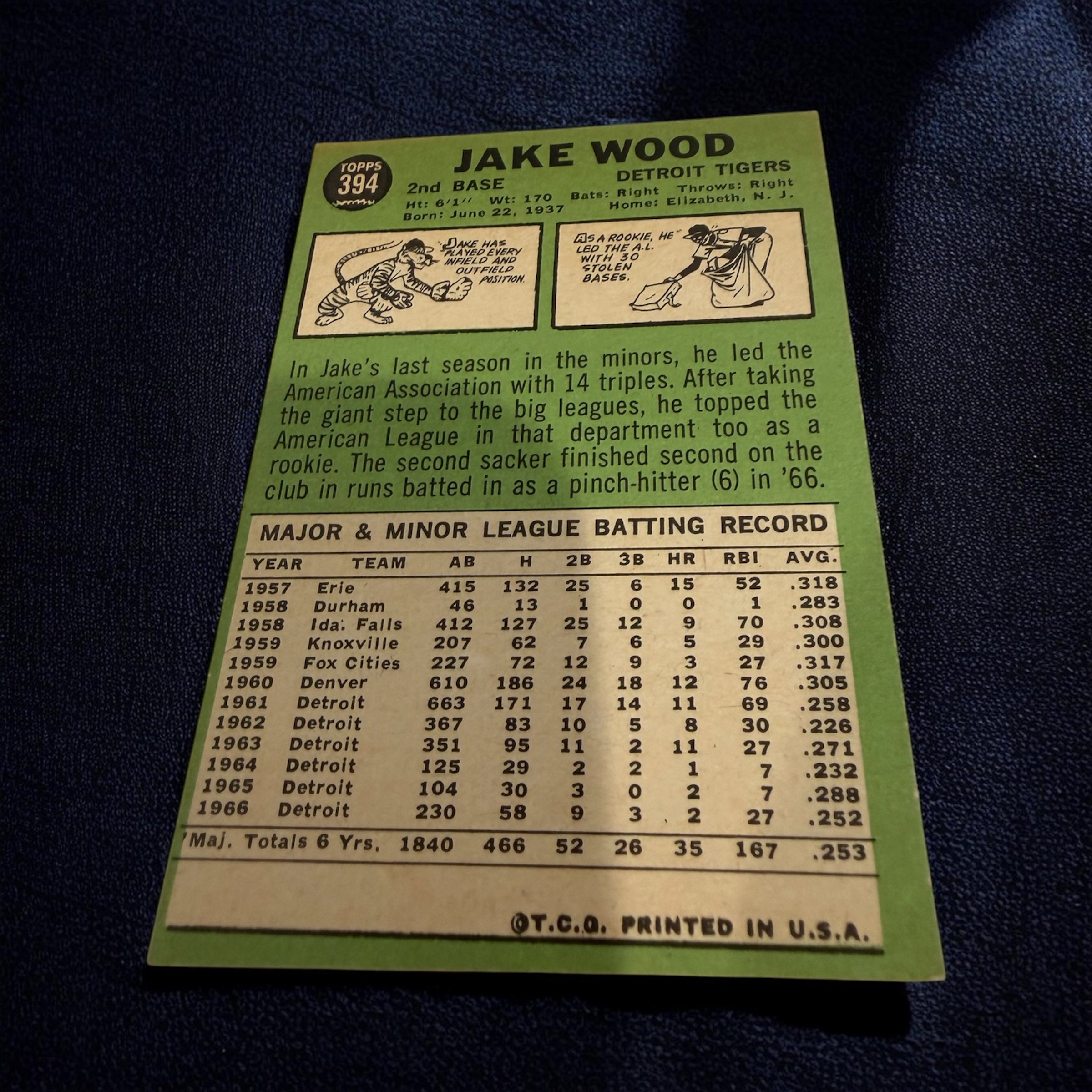 1967 Topps #394 Jake Wood Detroit Tigers Vintage Baseball Card
