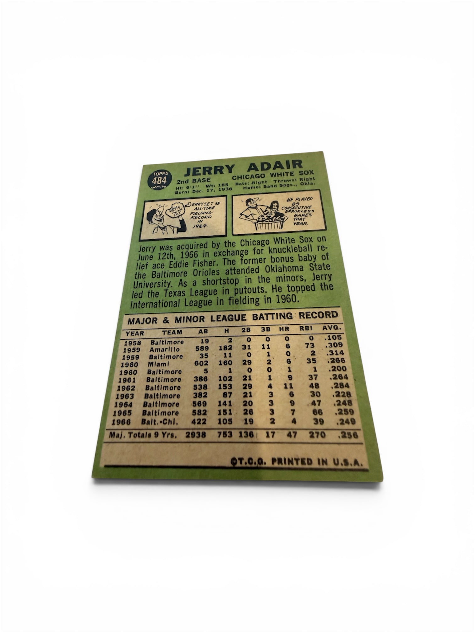 1967 Topps #484 Jerry Adair Chicago White Sox Vintage Baseball Card