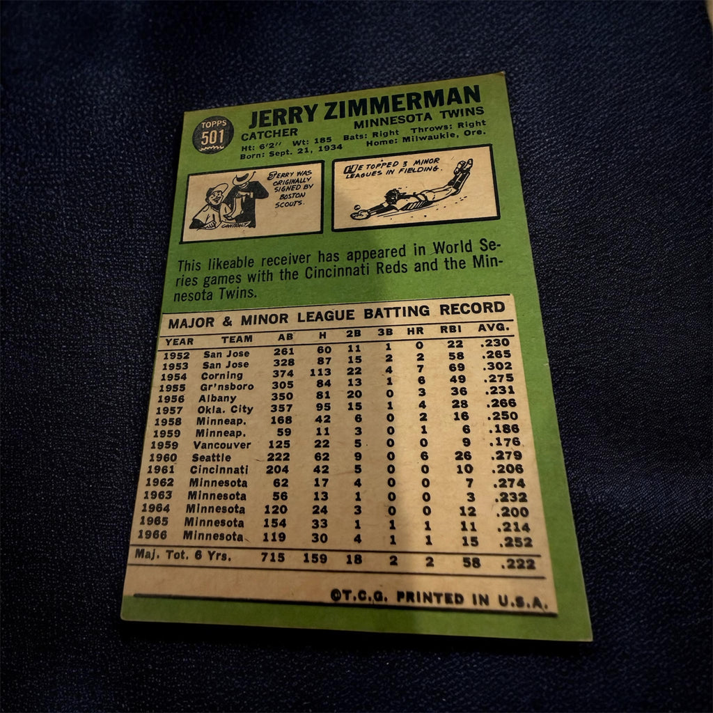 1967 Topps #501 Jerry Zimmerman Minnesota Twins Vintage Baseball Card