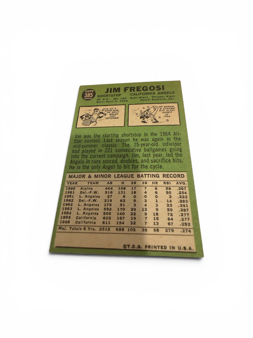 1967 Topps #385 Jim Fregosi California Angels Shortstop Vintage Baseball Card All-Star