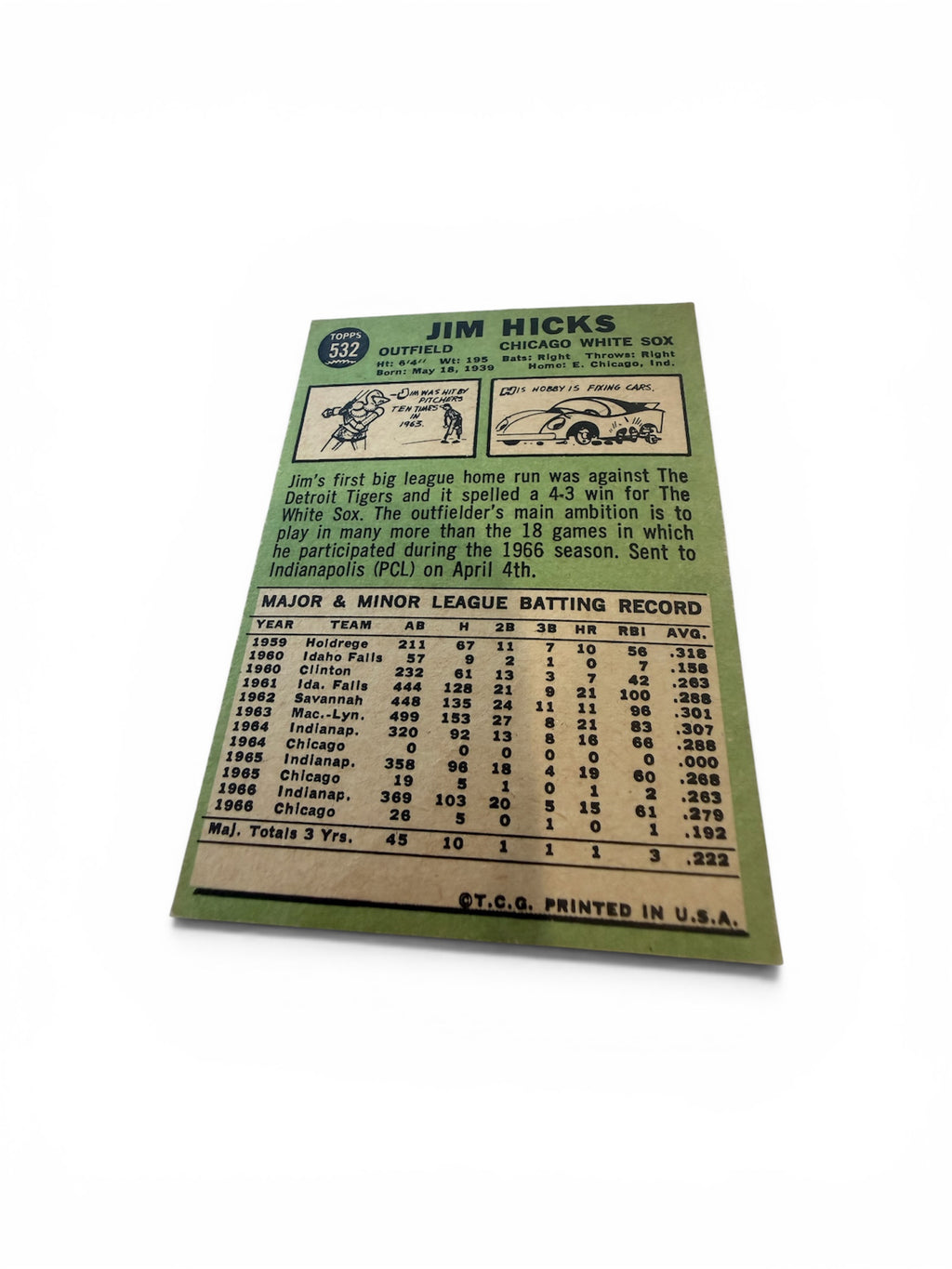 1967 Topps #532 Jim Hicks Chicago White Sox Vintage Baseball Card