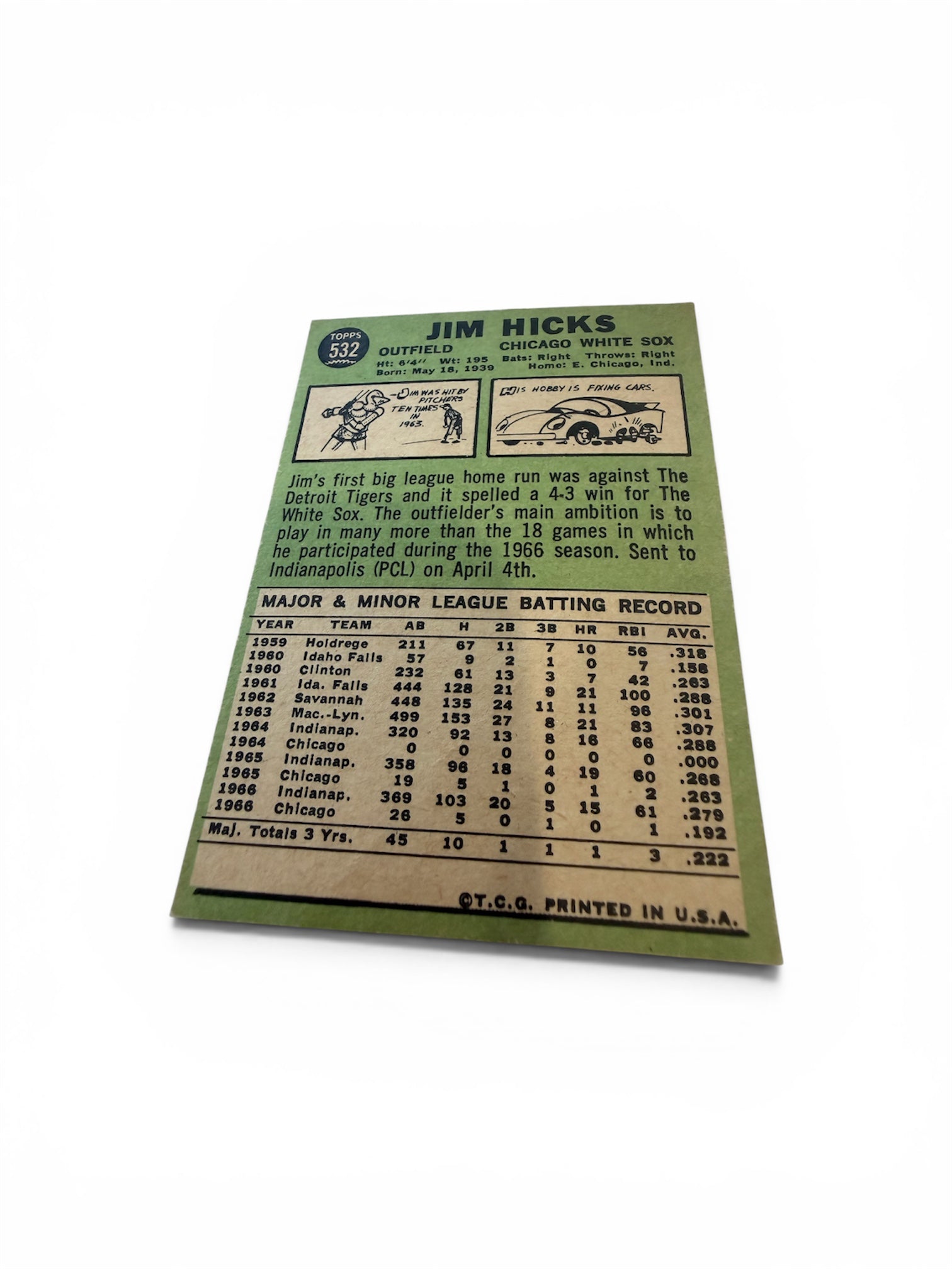 1967 Topps #532 Jim Hicks Chicago White Sox Vintage Baseball Card