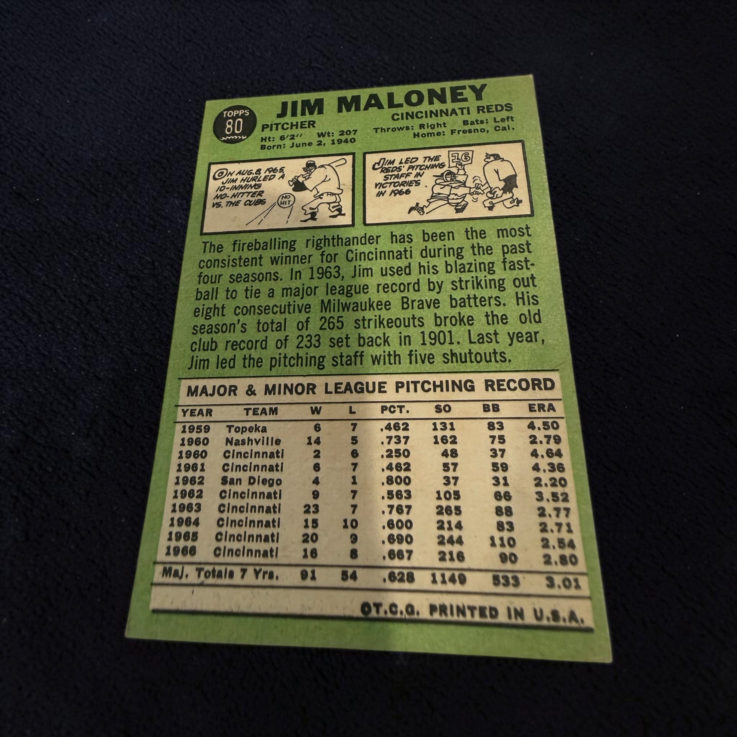 1967 Topps #80 Jim Maloney Cincinnati Reds Vintage Baseball Card