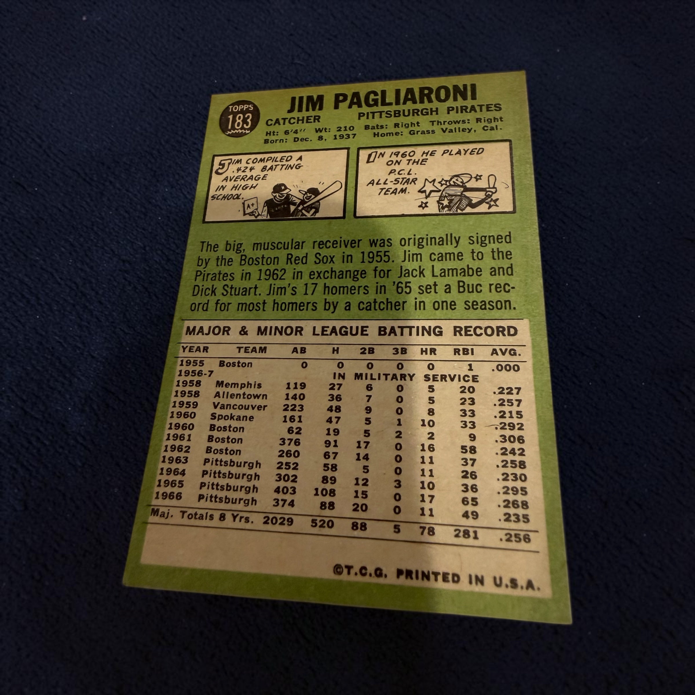 1967 Topps #183 Jim Pagliaroni Pittsburgh Pirates Vintage Baseball Card Catcher MLB