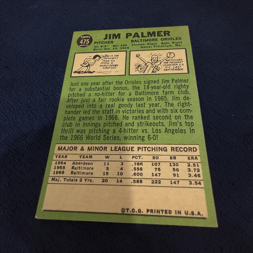 1967 Topps #475 Jim Palmer Baltimore Orioles Hall of Fame Vintage Baseball Card