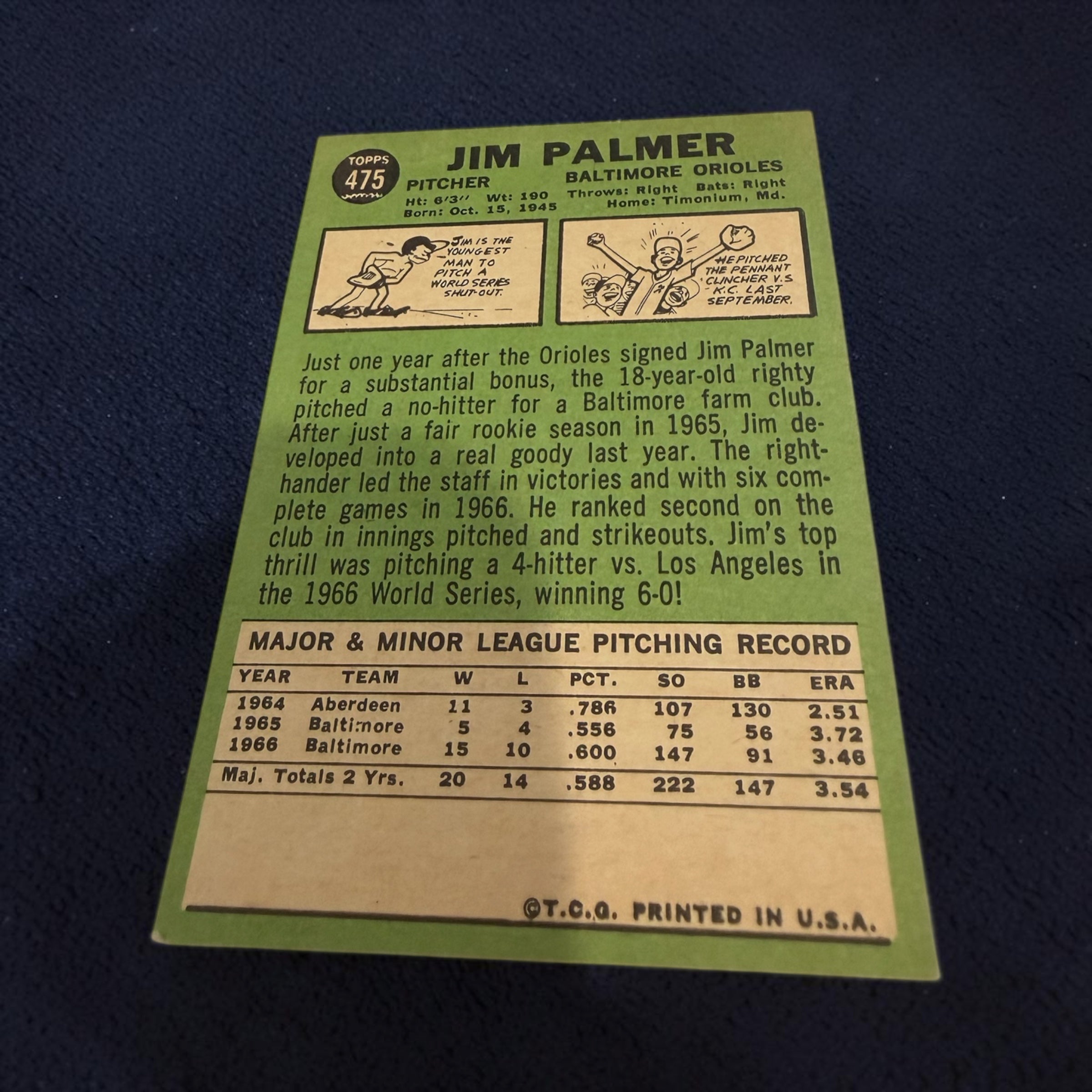 1967 Topps #475 Jim Palmer Baltimore Orioles Hall of Fame Vintage Baseball Card
