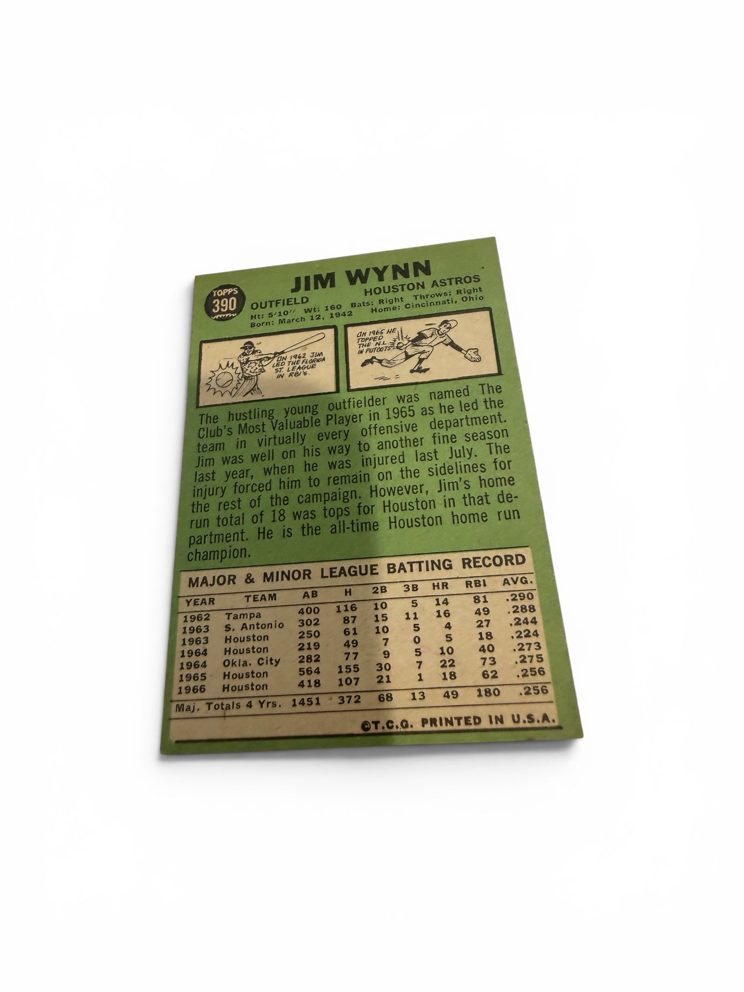 1967 Topps #390 Jim Wynn Houston Astros Vintage Baseball Card "Toy Cannon" All-Star Outfielder