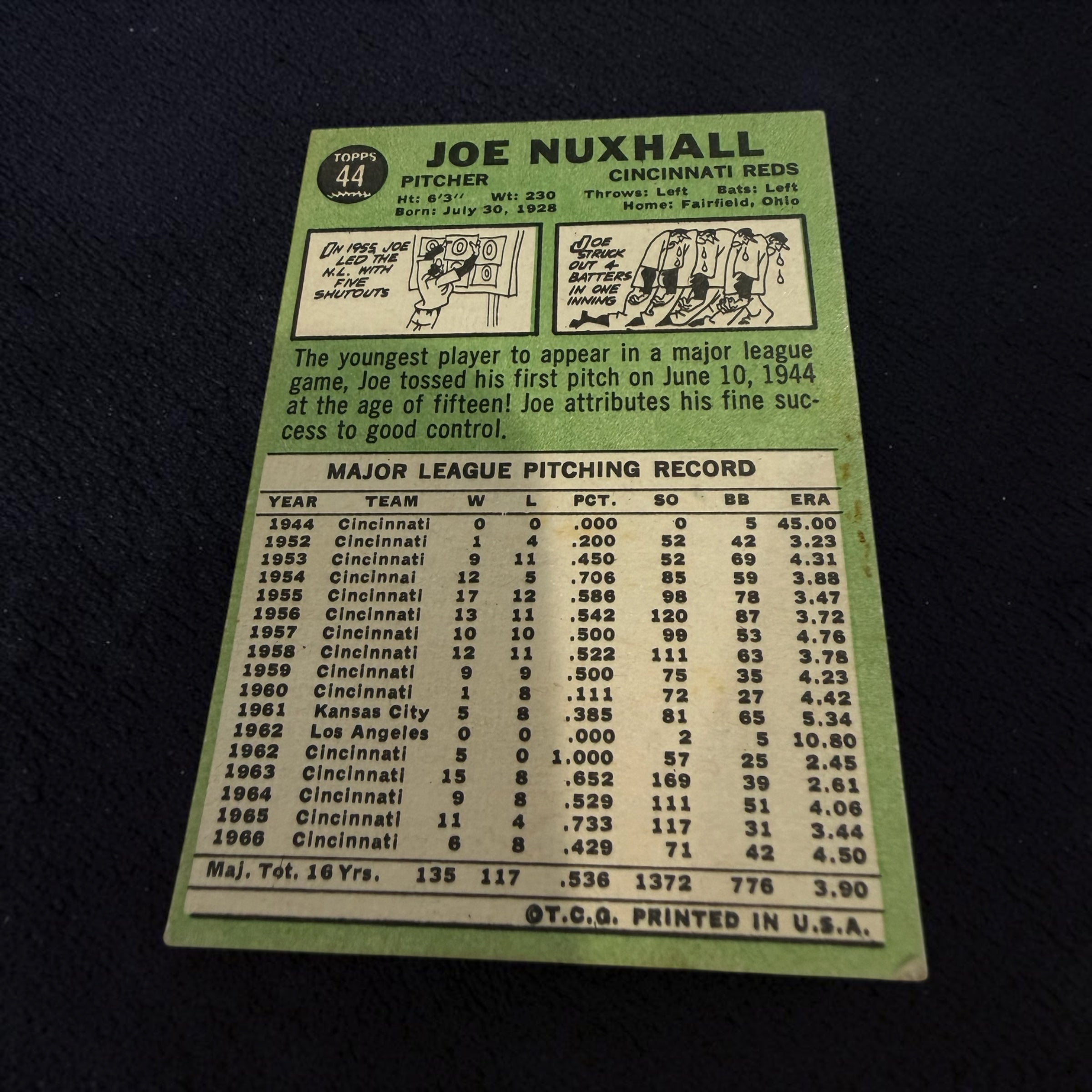 1967 Topps #44 Joe Nuxhall Cincinnati Reds Vintage Baseball Card