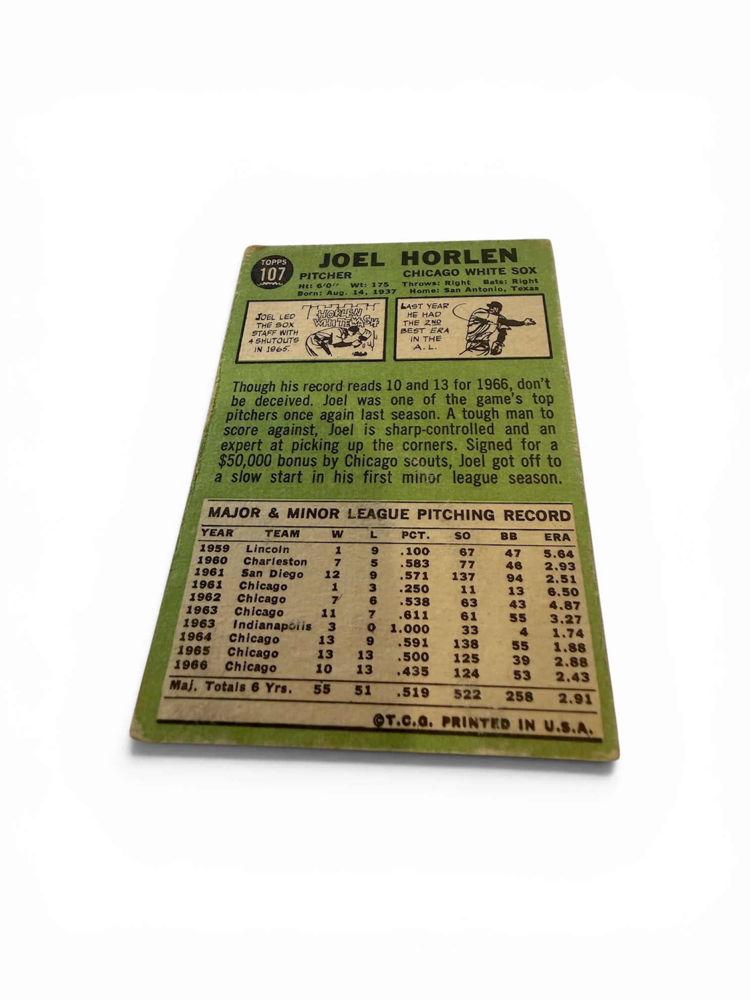1967 Topps #107 Joel Horlen Chicago White Sox Vintage Baseball Card