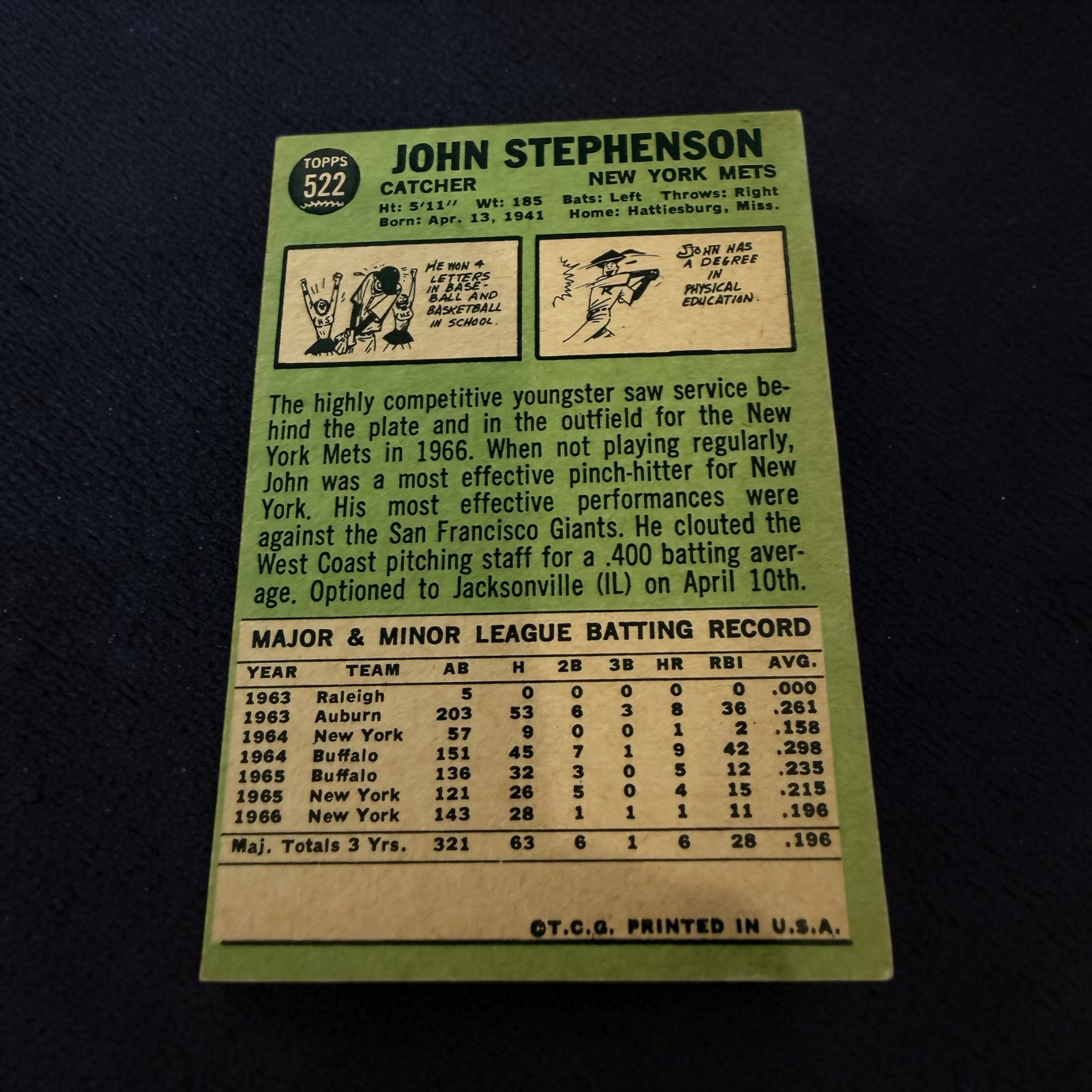 1967 Topps #522 John Stephenson New York Mets Vintage Baseball Card