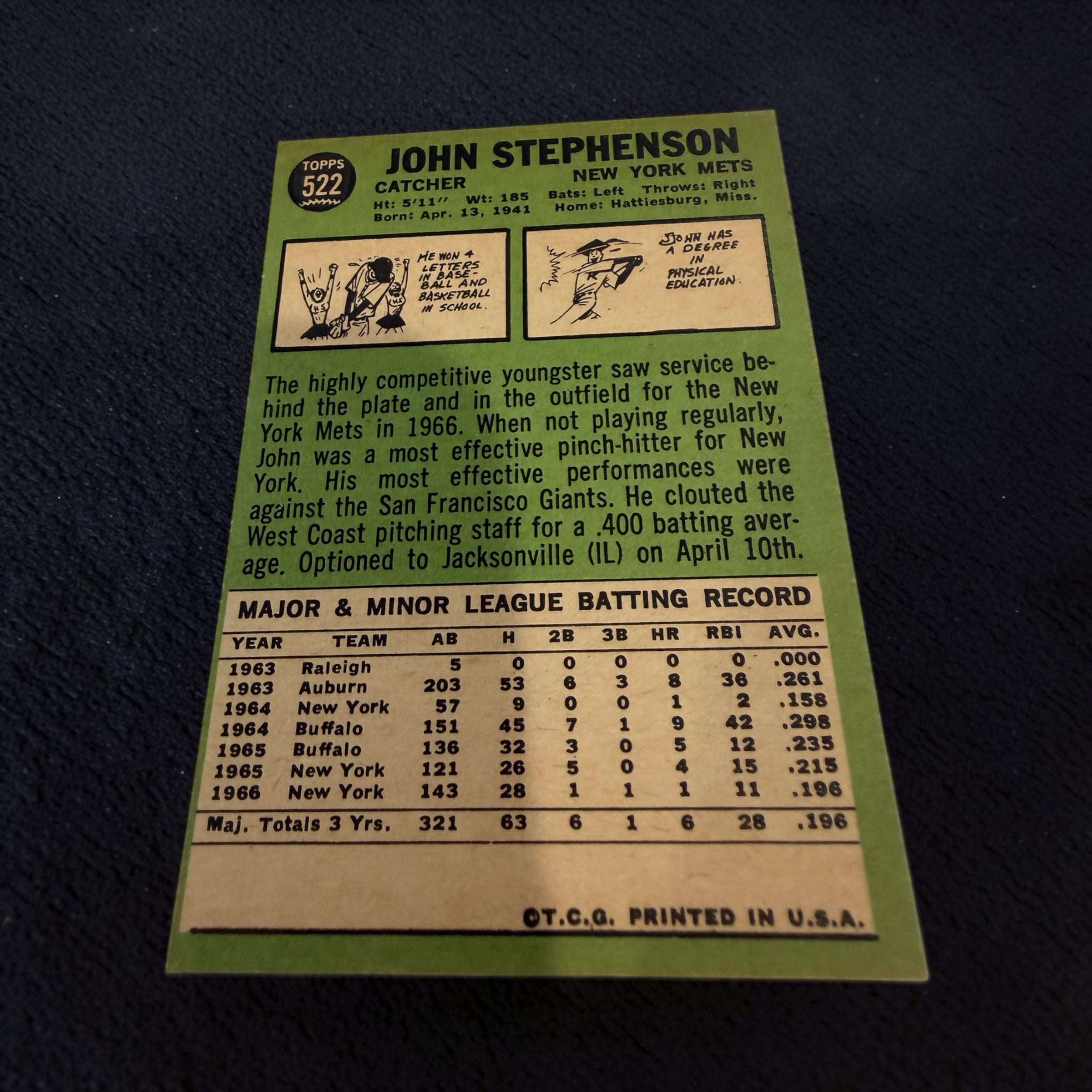 1967 Topps #522 John Stephenson New York Mets Vintage Baseball Card Catcher MLB