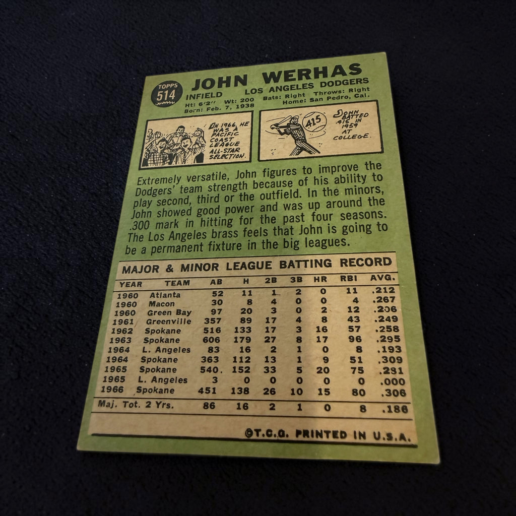 1967 Topps #514 John Werhas Los Angeles Dodgers Vintage Baseball Card Utility Infielder