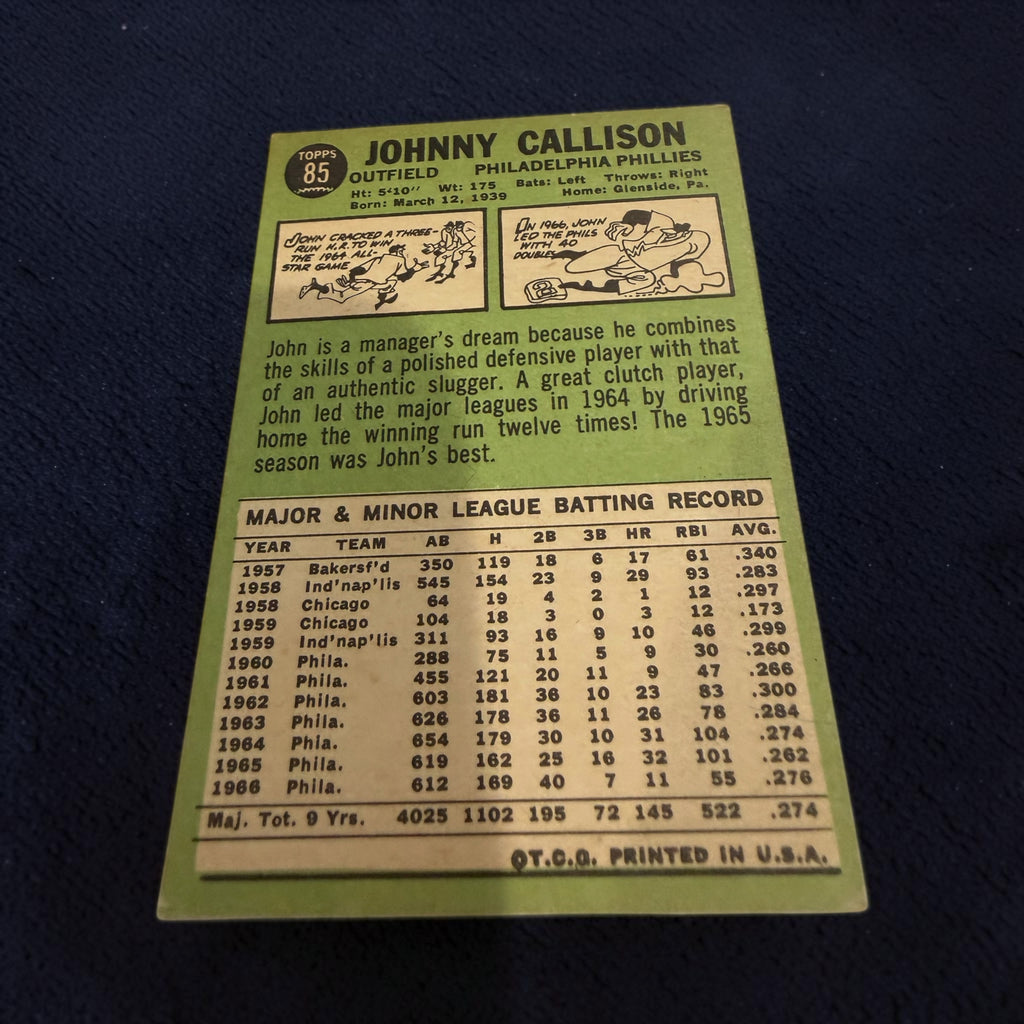 1967 Topps #85 Johnny Callison Philadelphia Phillies All-Star Vintage Baseball Card