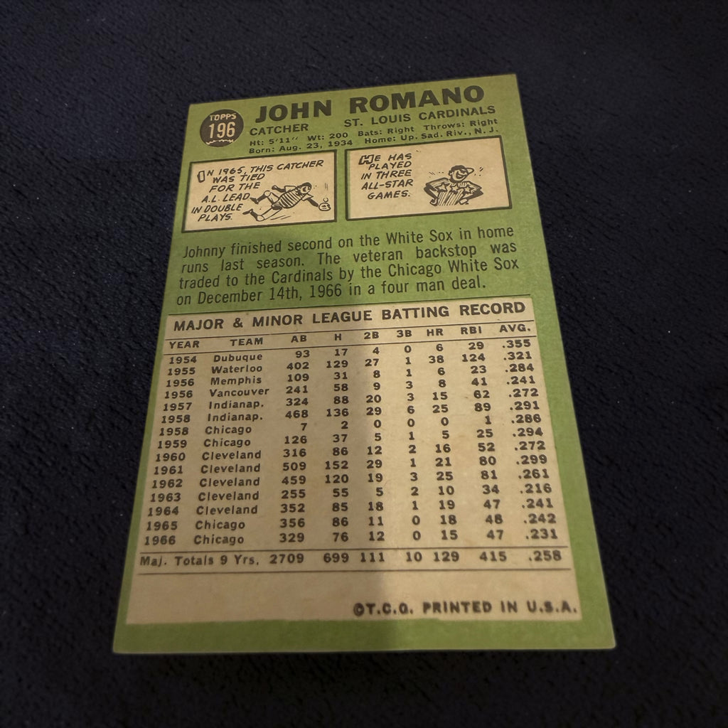 1967 Topps #196 Johnny Romano St. Louis Cardinals Vintage Baseball Card MLB Catcher