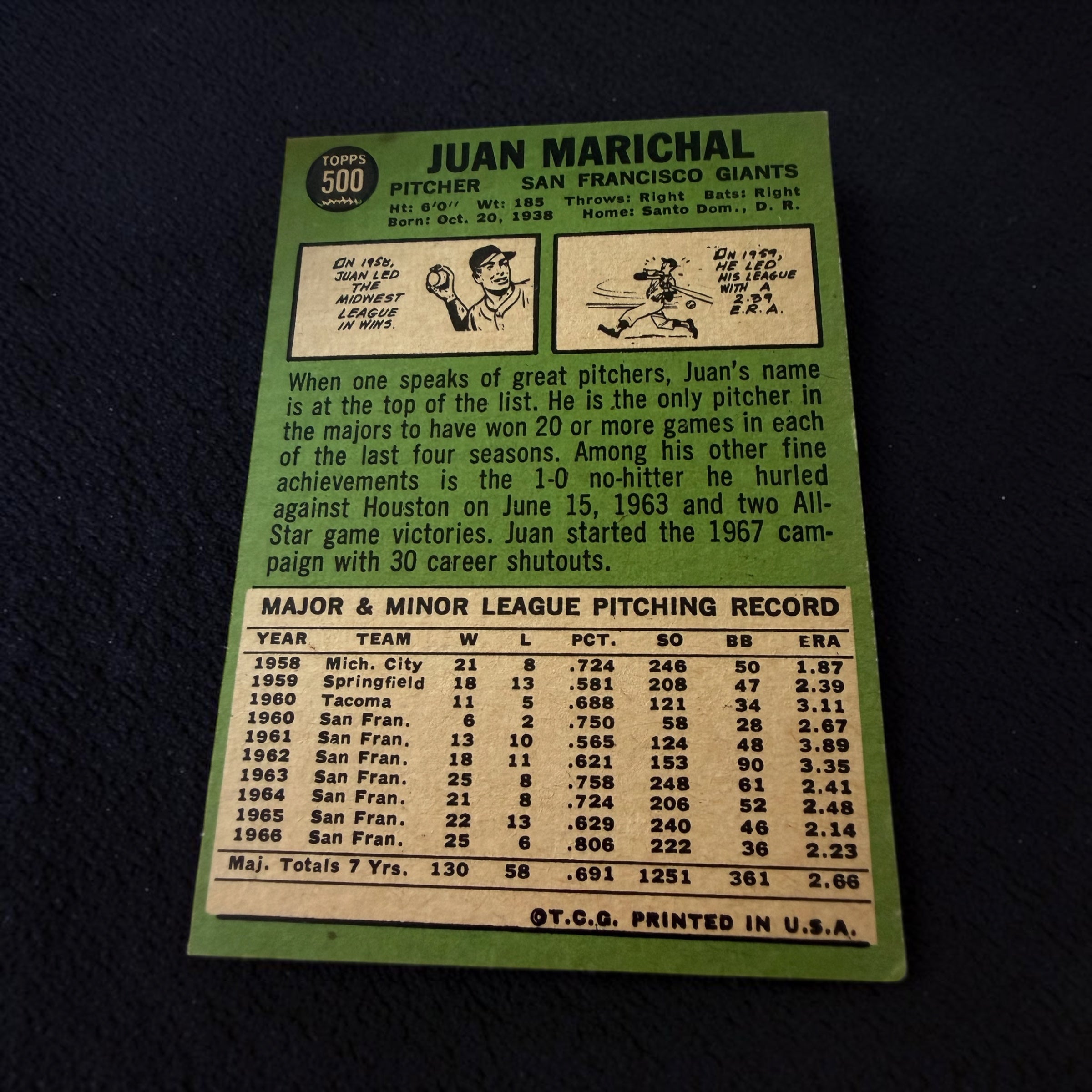 1967 Topps #500 Juan Marichal San Francisco Giants Hall of Fame Vintage Baseball Card