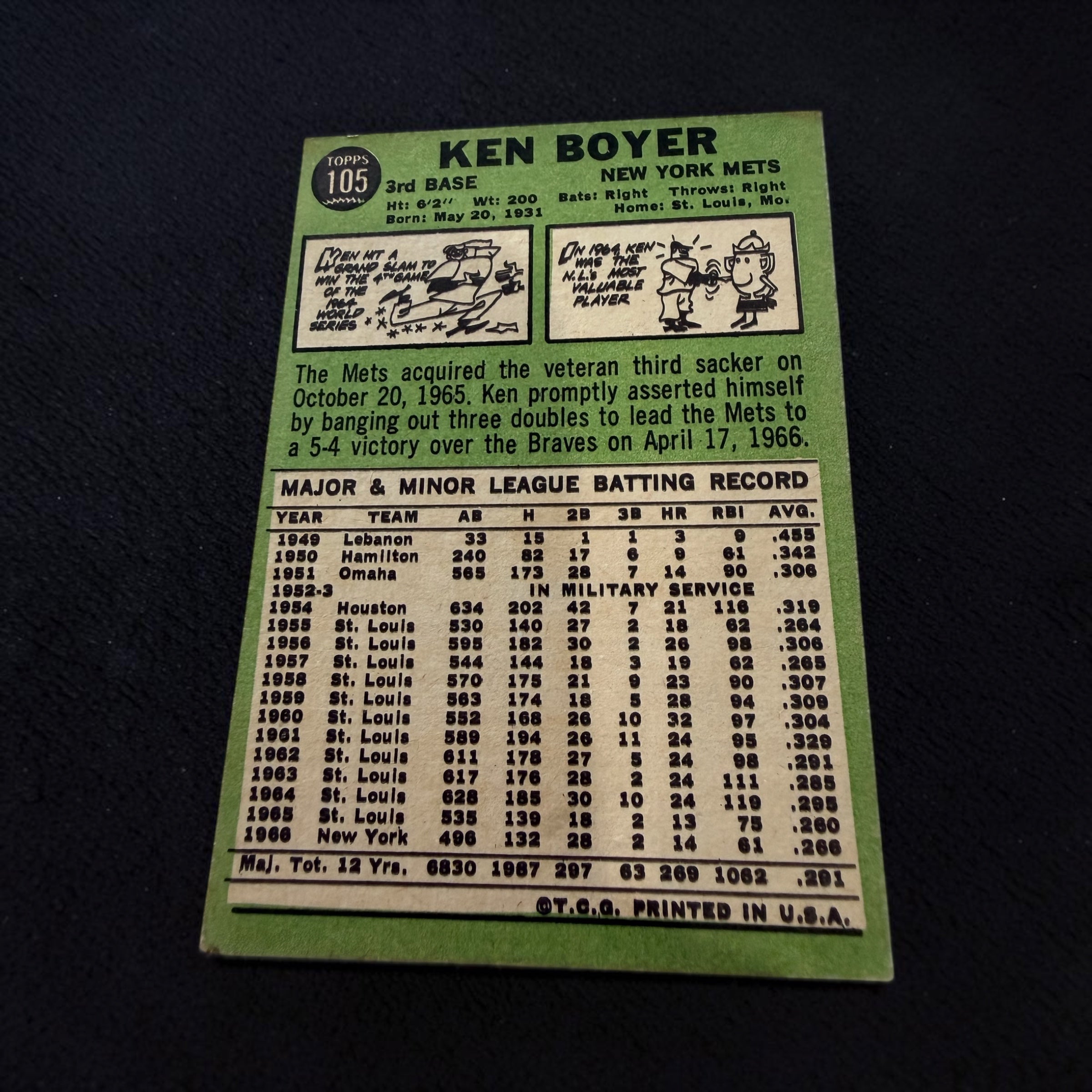 1967 Topps #105 Ken Boyer New York Mets Vintage Baseball Card Hall of Fame 3B