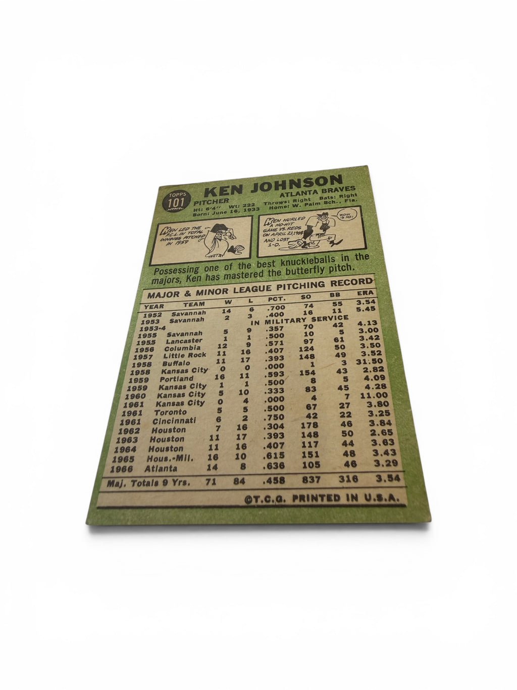 1967 Topps #101 Ken Johnson Atlanta Braves Vintage Baseball Card MLB Pitcher
