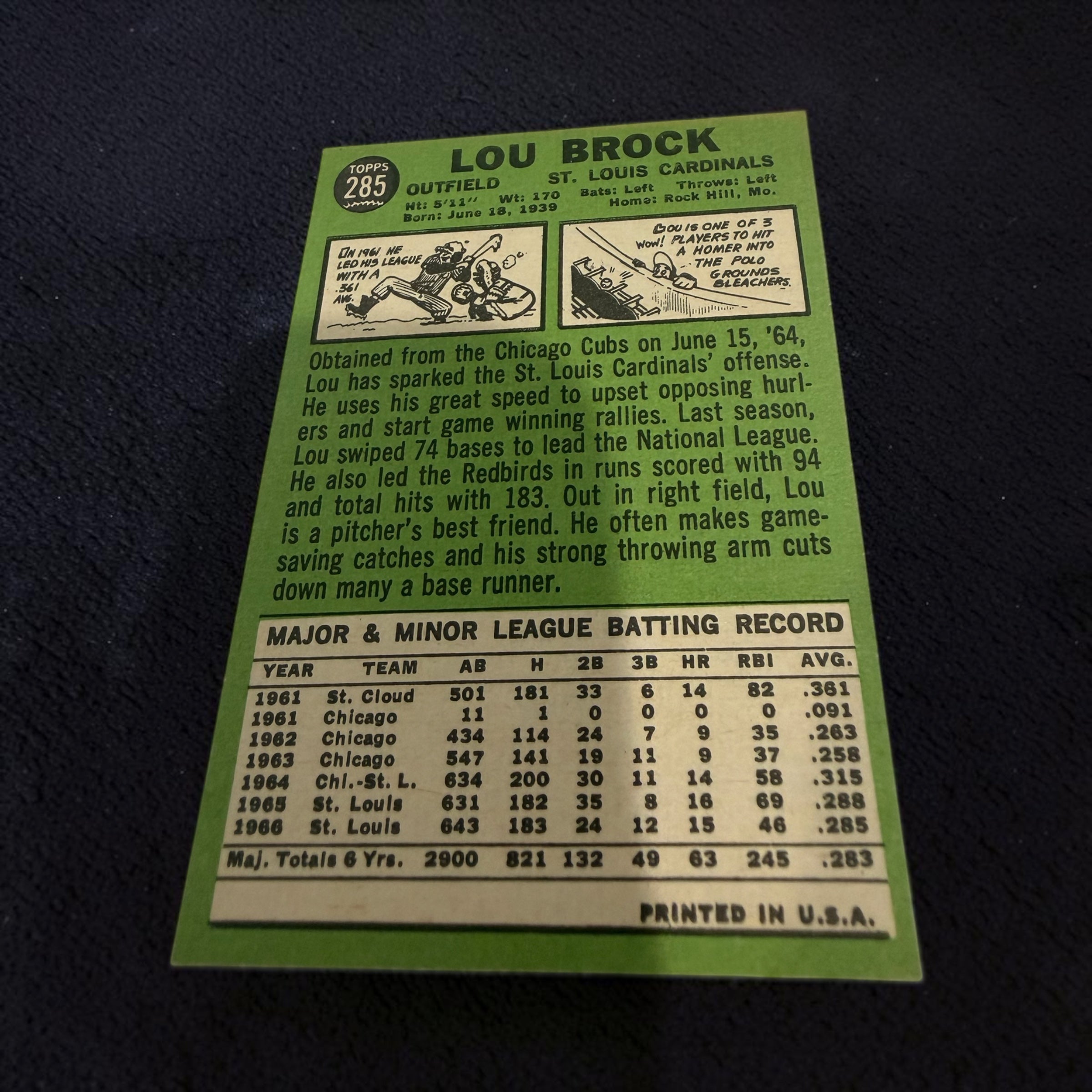 1967 Topps #285 Lou Brock St. Louis Cardinals Vintage Baseball Card Hall of Famer HOF