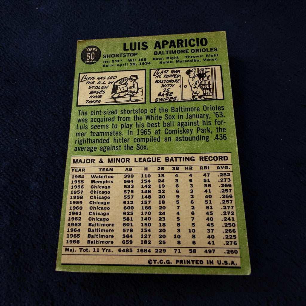 1967 Topps #60 Luis Aparicio Baltimore Orioles Hall of Fame Vintage Baseball Card