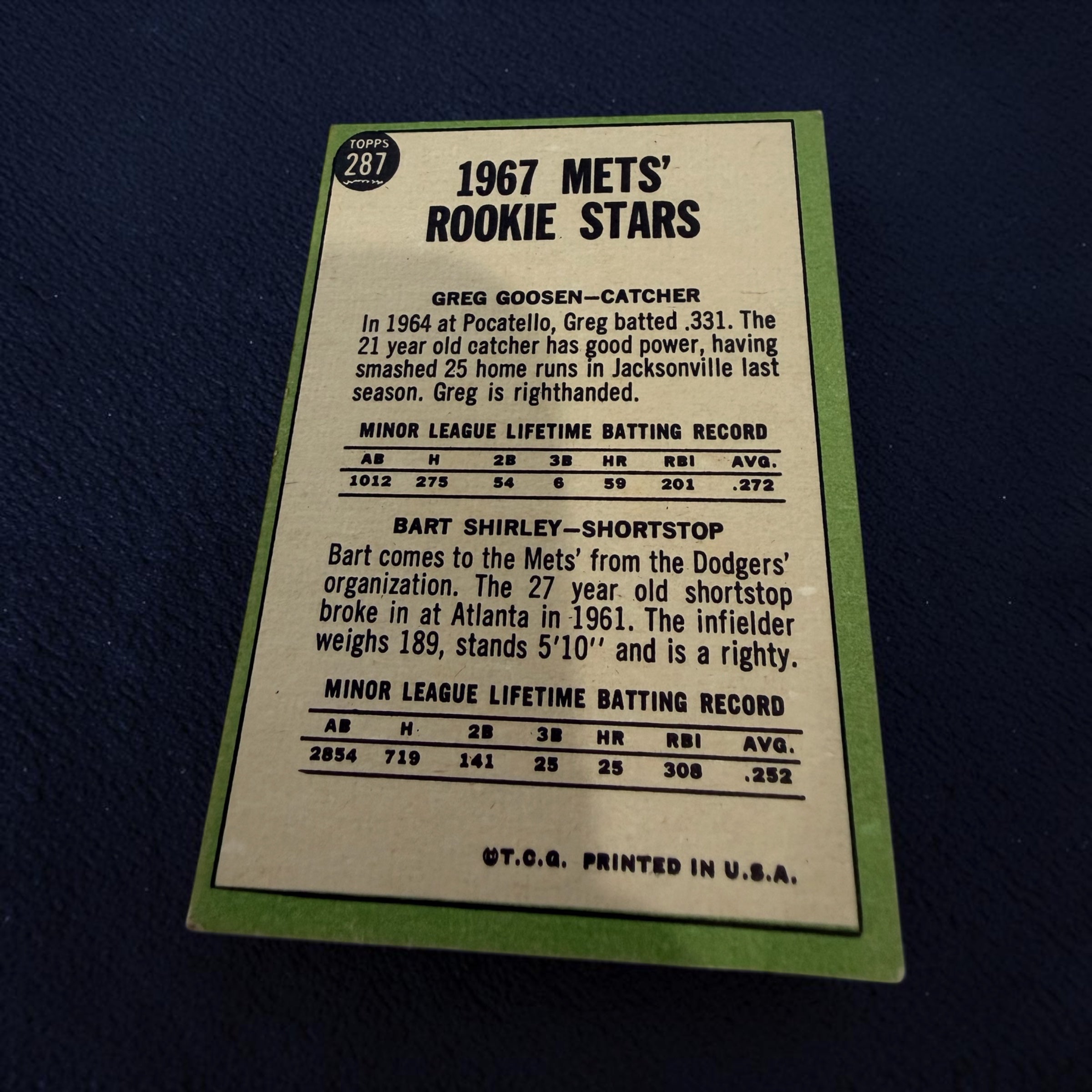 1967 Topps #287 Mets Rookie Stars Greg Goossen Bart Shirley Vintage Baseball Card
