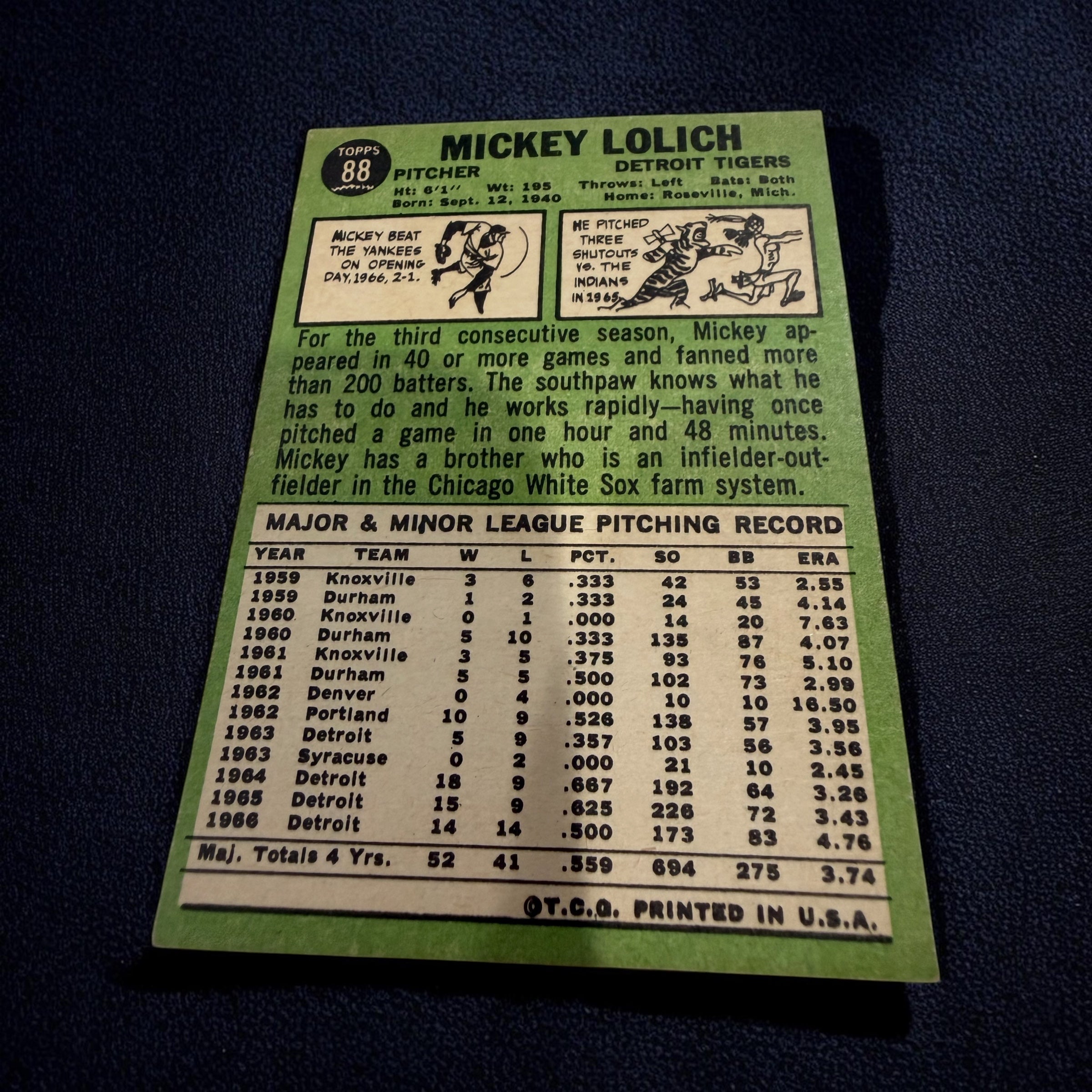 1967 Topps #88 Mickey Lolich Detroit Tigers Vintage Baseball Card