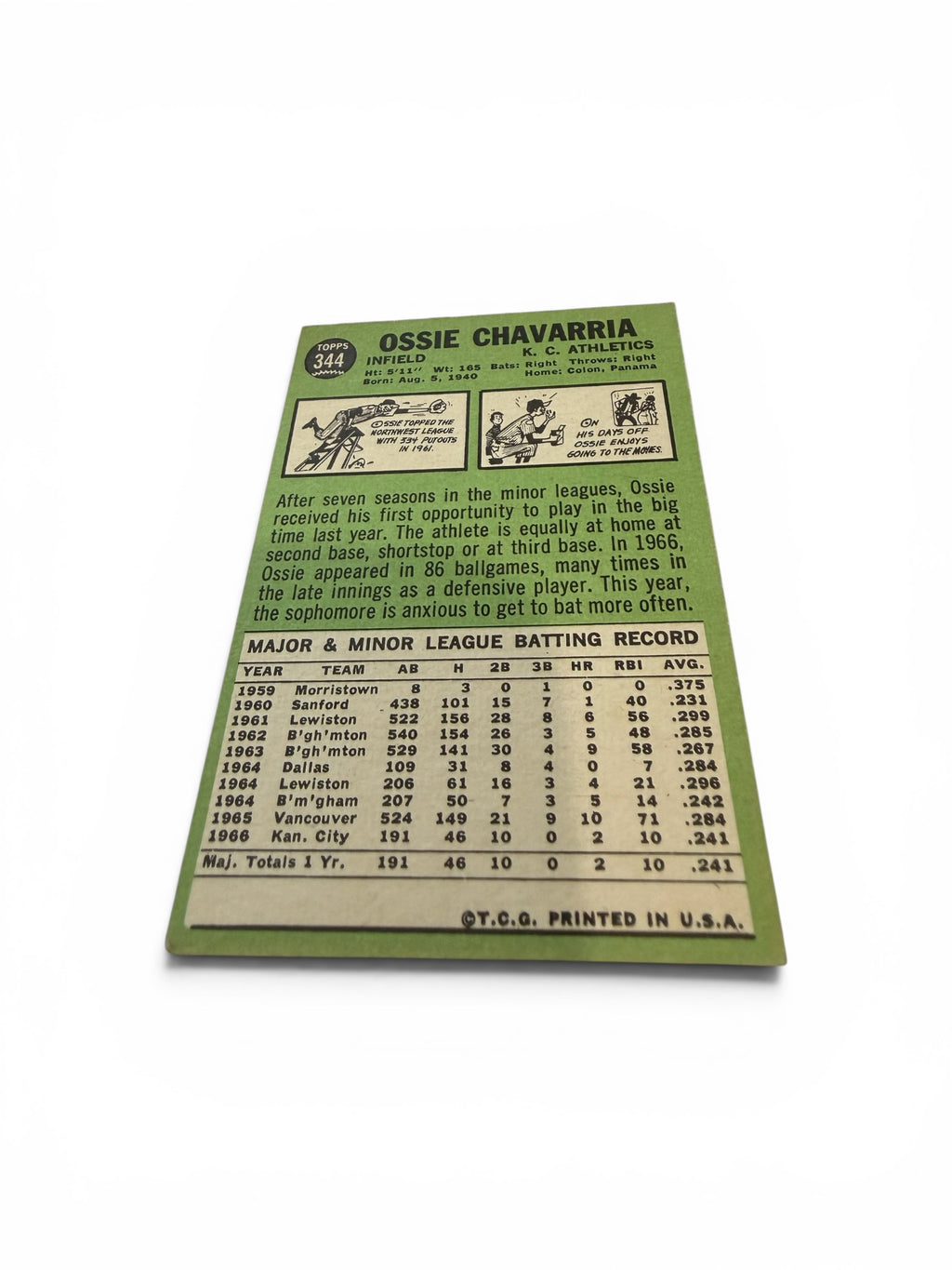 1967 Topps #344 Ossie Chavarria Kansas City Athletics Vintage Baseball Card Infielder