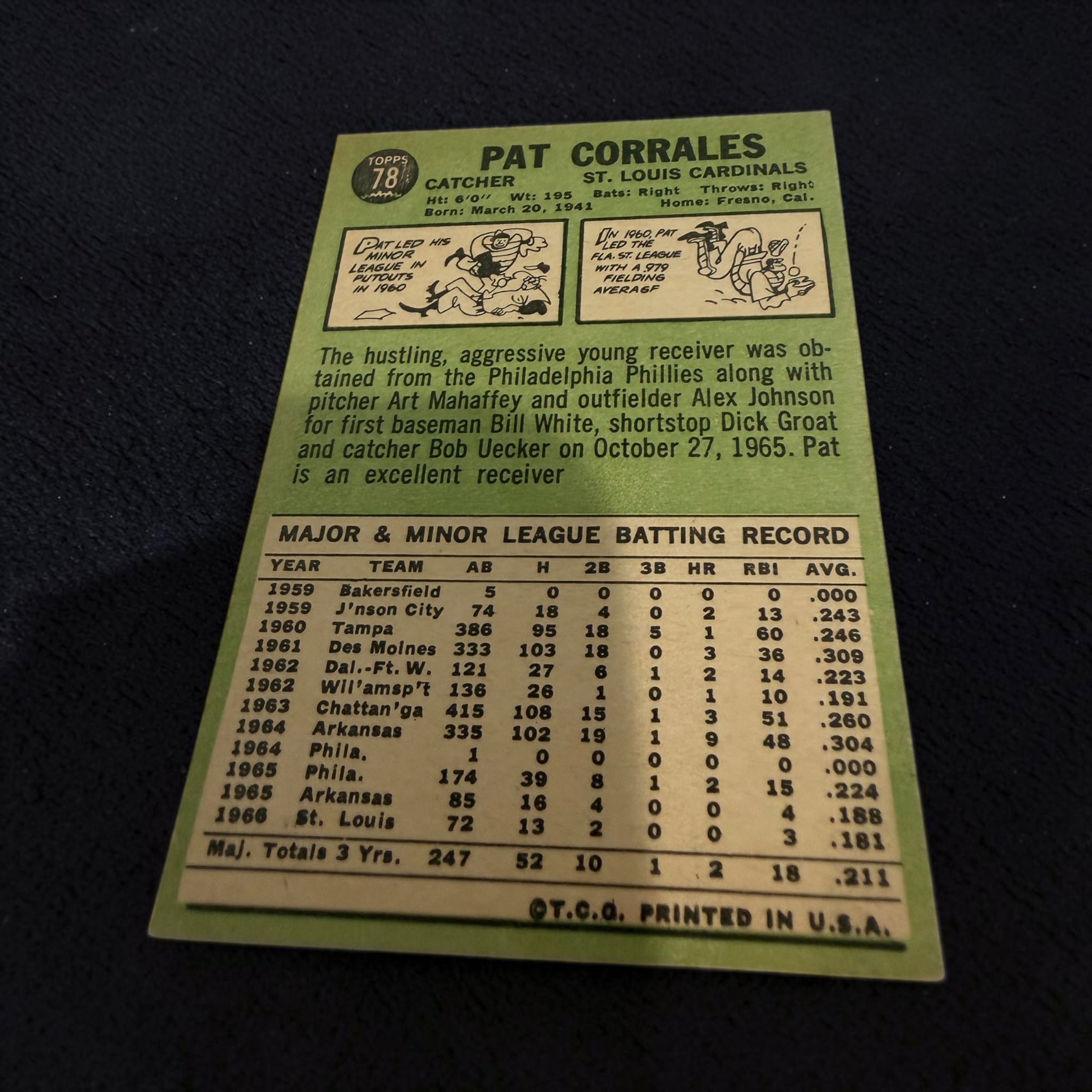 1967 Topps #78 Pat Corrales St. Louis Cardinals Vintage Baseball Card MLB Catcher