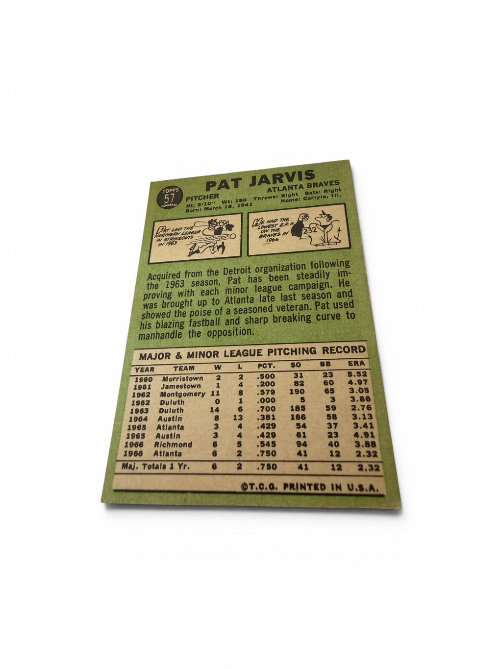1967 Topps #57 Pat Jarvis Atlanta Braves Rookie Pitcher Vintage Baseball Card