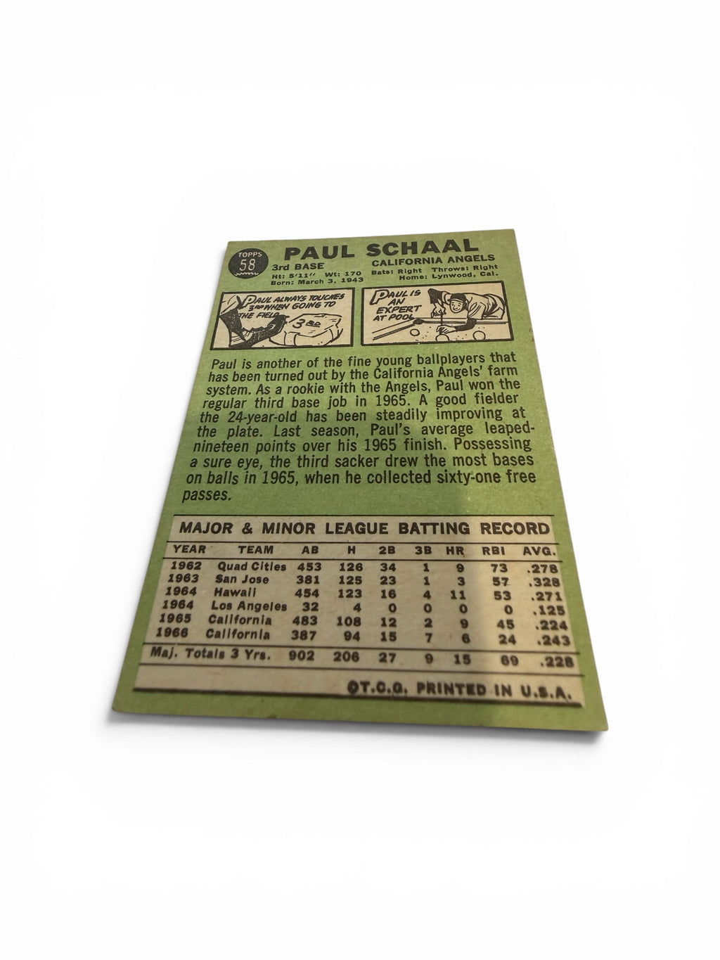 1967 Topps #58 Paul Schaal California Angels Vintage Baseball Card Third Baseman