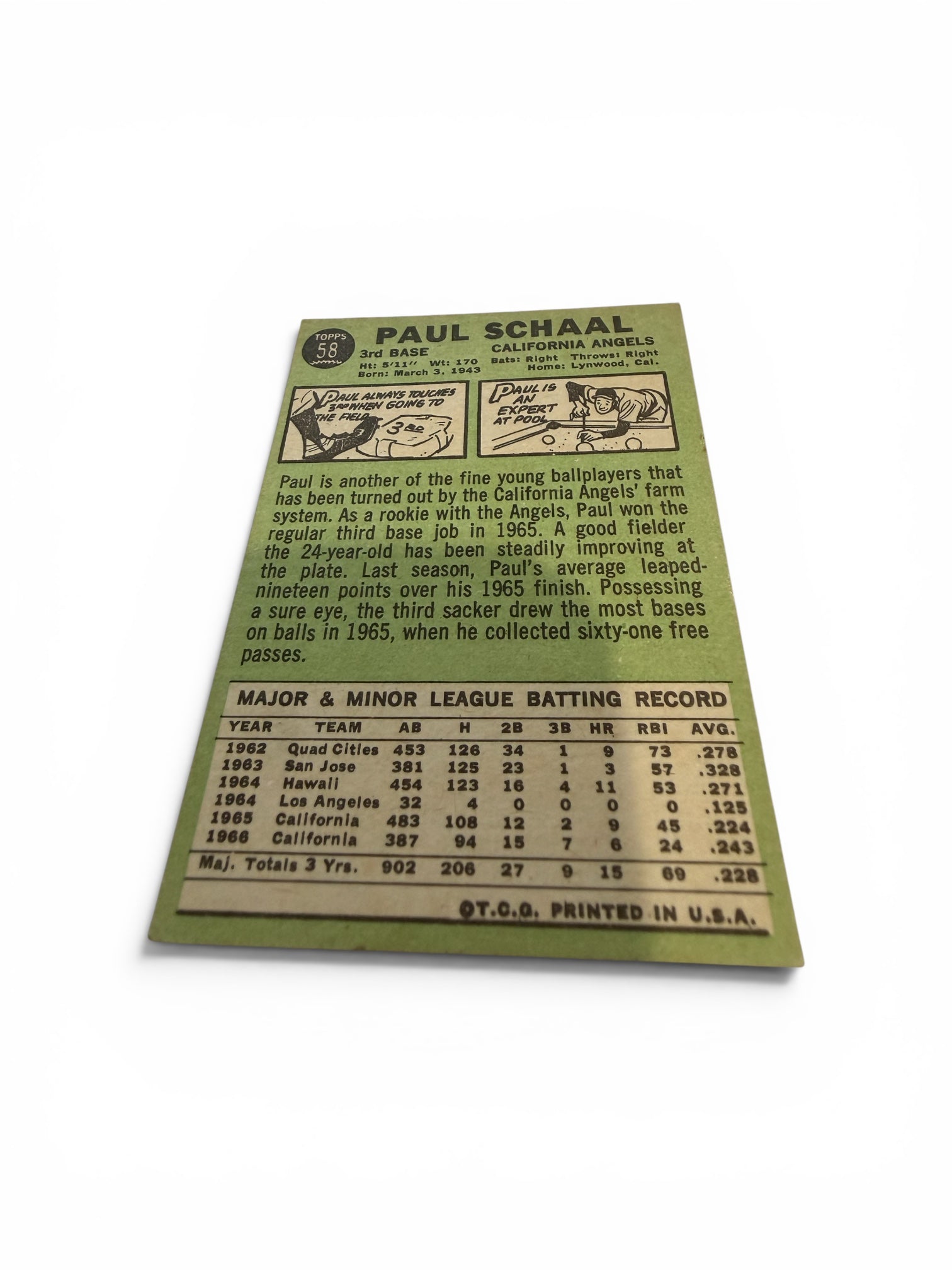 1967 Topps #58 Paul Schaal California Angels Vintage Baseball Card Third Baseman