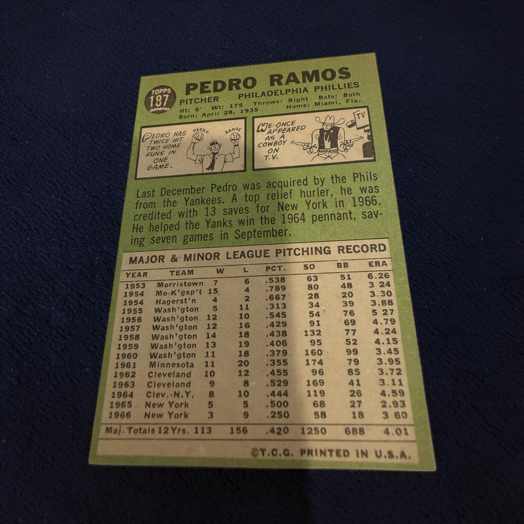 1967 Topps #187 Pedro Ramos Philadelphia Phillies Vintage Baseball Card Pitcher MLB